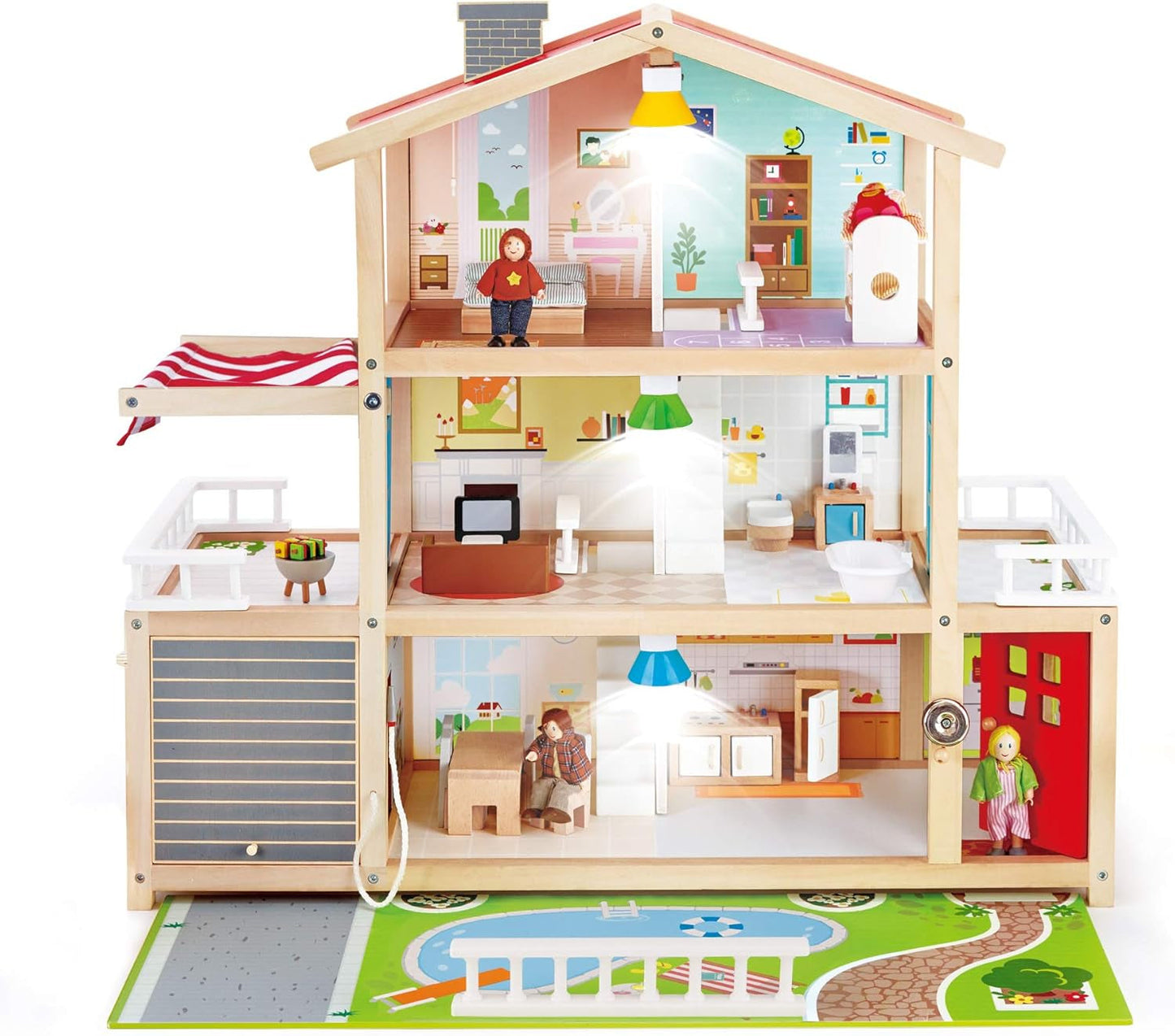 E3405 – Puppenhaus, Puppenhaus mit Zubehör, Holz und E3500 – Puppenfamilie, helle Haut