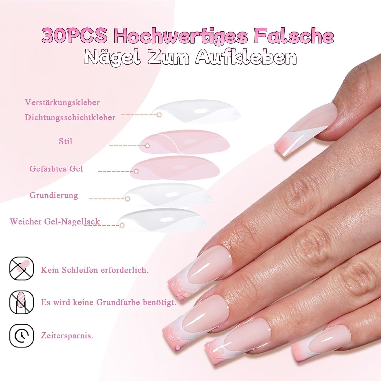 30 Stück französische künstliche Nägel – zum Aufkleben auf künstliche Nägel – weiche Gelnägel für Frauen – selbstklebende Acrylnägel, quadratische Maniküre (französisches Rosa)