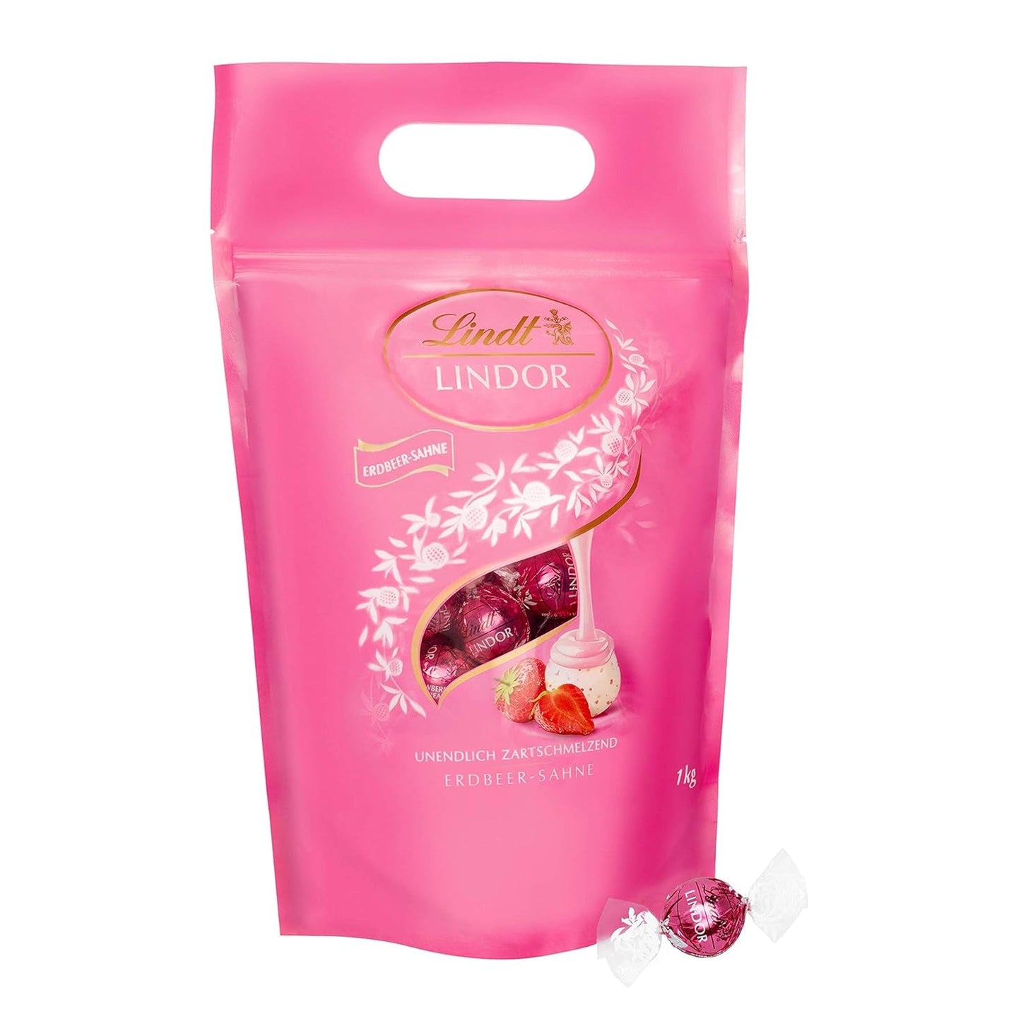 Lindt LINDOR Extra Dark Chocolate Balls und LINDOR Strawberry Creme Chocolate Balls | 1 kg wiederverschließbarer Beutel | ca. 80 weiße Schokoladenkugeln mit Erdbeercreme