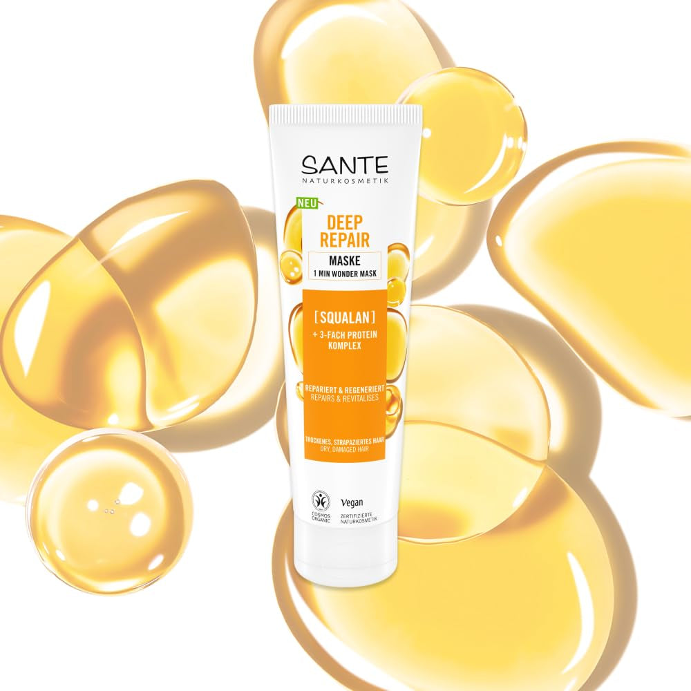 SANTE Natural Cosmetics Deep Repair Mask Squalan + 3x Proteinkomplex, vegane Haarmaske für intensive Feuchtigkeit und flexibles Haar, repariert und regeneriert geschädigtes Haar, 150 ml Naty Shop Haarmaske
