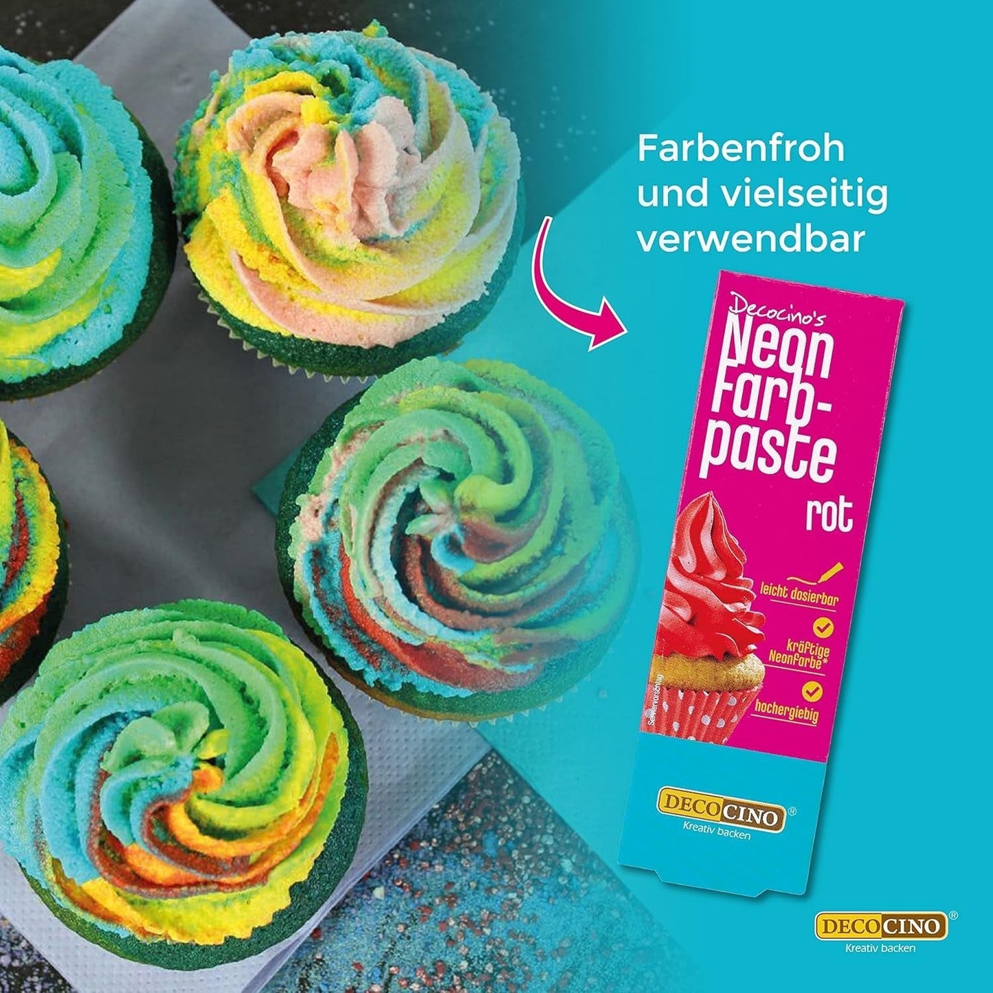 Decocino Neon Lebensmittelpaste Rot – Hochdosierte Lebensmittelfarbe – Zum Einfärben von Kuchen, Muffins, Cupcakes – Geschmacksneutral
