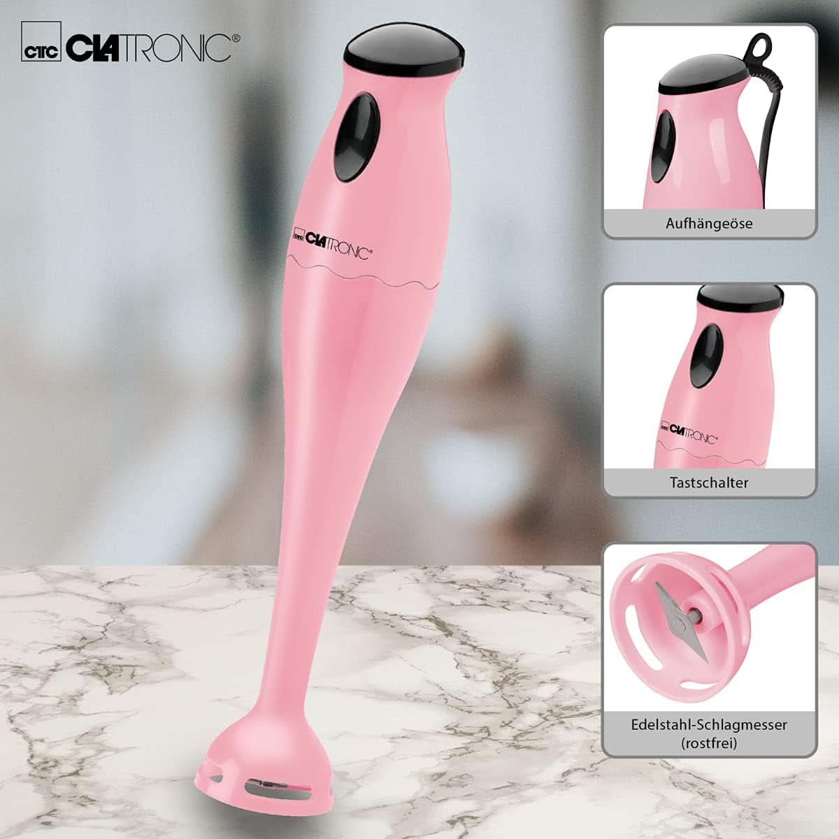 Clatronic Stabmixer/Pürierstab/Blender/Stab-Mixer/Stick/Mixstab SM 3577; Edelstahl-Schlagmesser; Für Smoothie, Kürbispüree, Babybrei, Milchshake; Mit Mixbehälter (500 ml); 180 Watt; Pink Kitchen Naty Shop