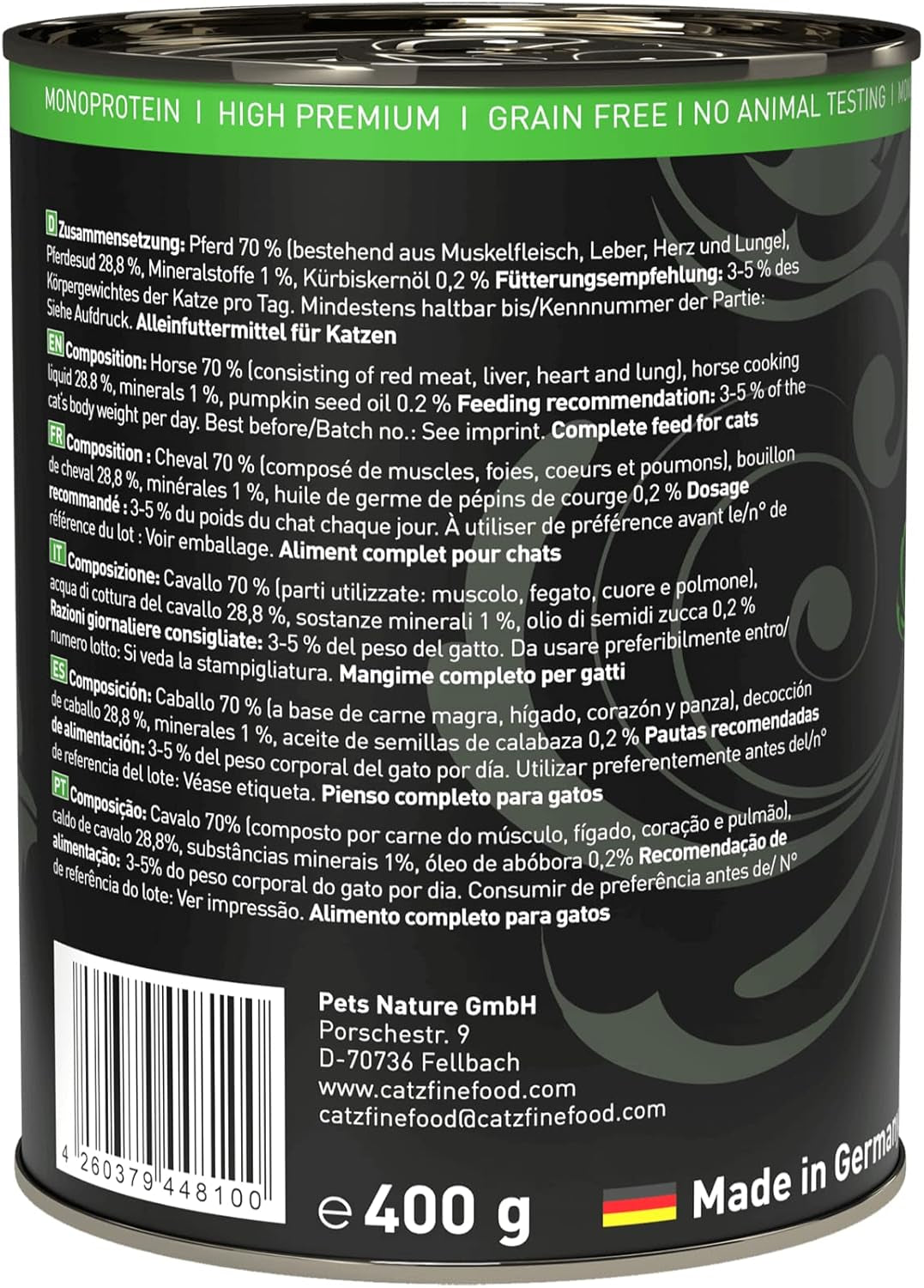 Nassfutter für Katzen Catz Finefood Purrrr Horse Monoprotein Nr. 123, für Katzen mit empfindlicher Verdauung, 70 % Fleischanteil, 6 Boxen x 400 g
