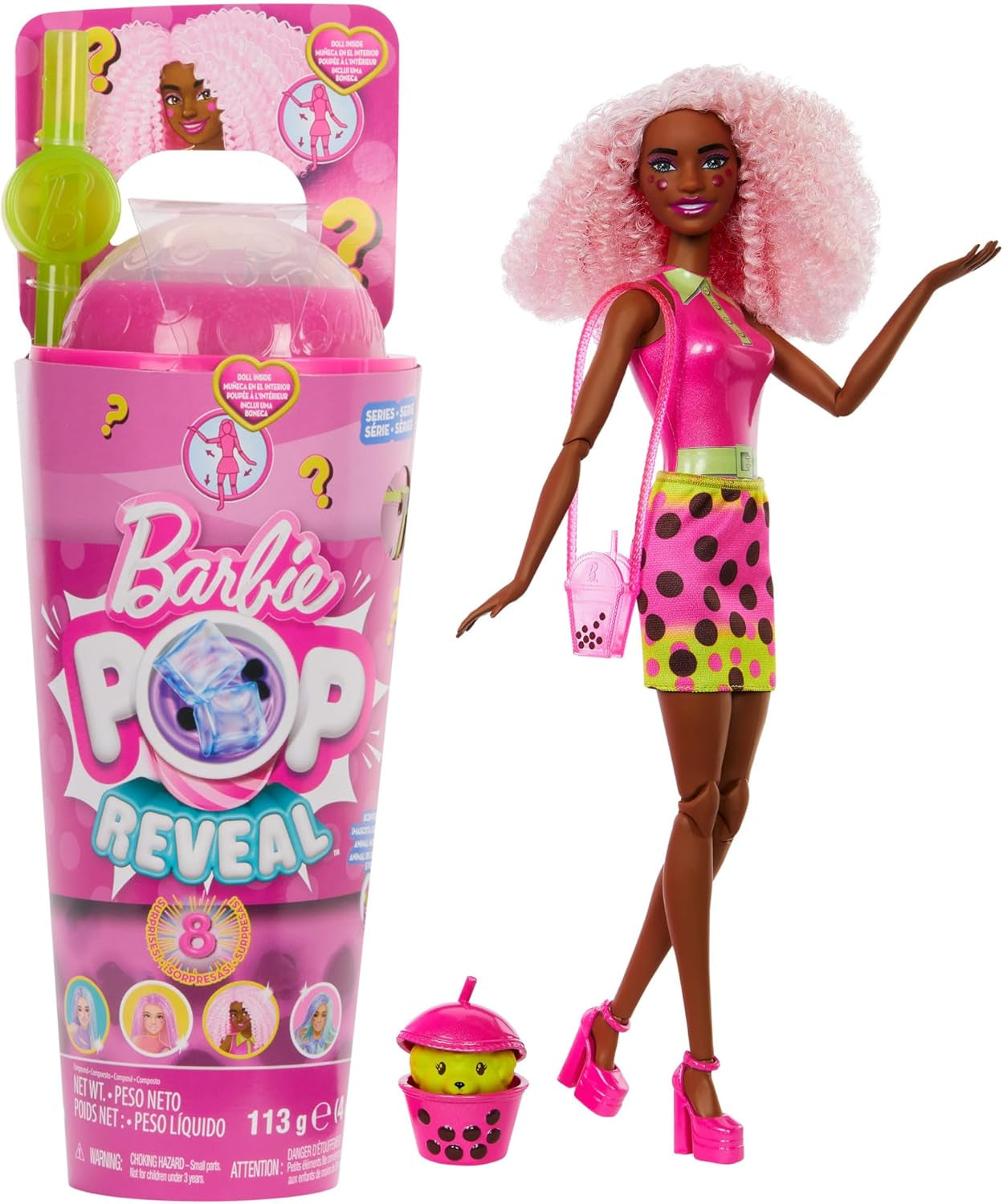 Barbie Pop Reveal Bubble Tea-Puppe und Zubehör, duftende Berry Bliss-Modepuppe mit Haustier, 8 Überraschungen, inklusive Farbwechsler, Aufbewahrungsbecher, HTJ20