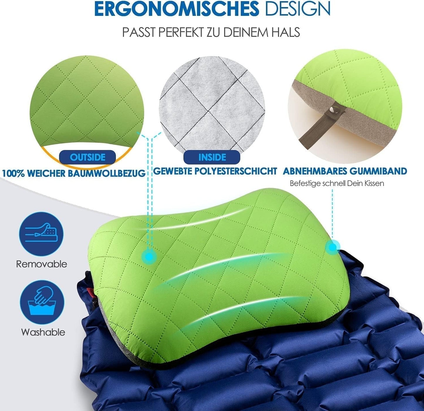 HIKENTURE Aufblasbares Camping-/Reisekissen mit abnehmbarem Kissenbezug, ergonomisches Kissen, bequemes Nackenkissen für Reisen/Outdoor, aufblasbares Reise-Nackenkissen (grün) ... Orthopädische Halskissen von Naty Shop