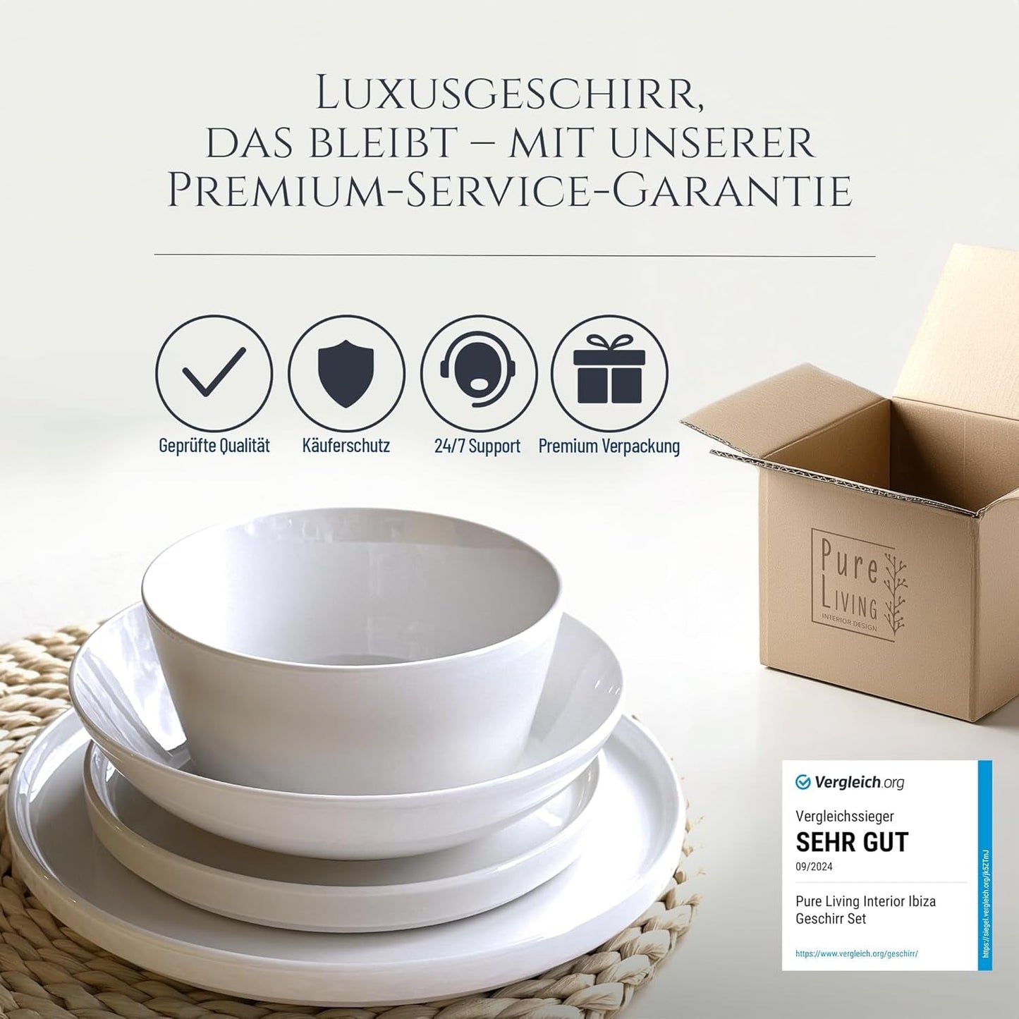 Crystal 48-teiliges Porzellan-Geschirrset TESTSIEGER Klares Porzellan-Geschirrset Schüsseln und Teller Tafelservice für 12 Pure Living-Geschirrsets in Weiß