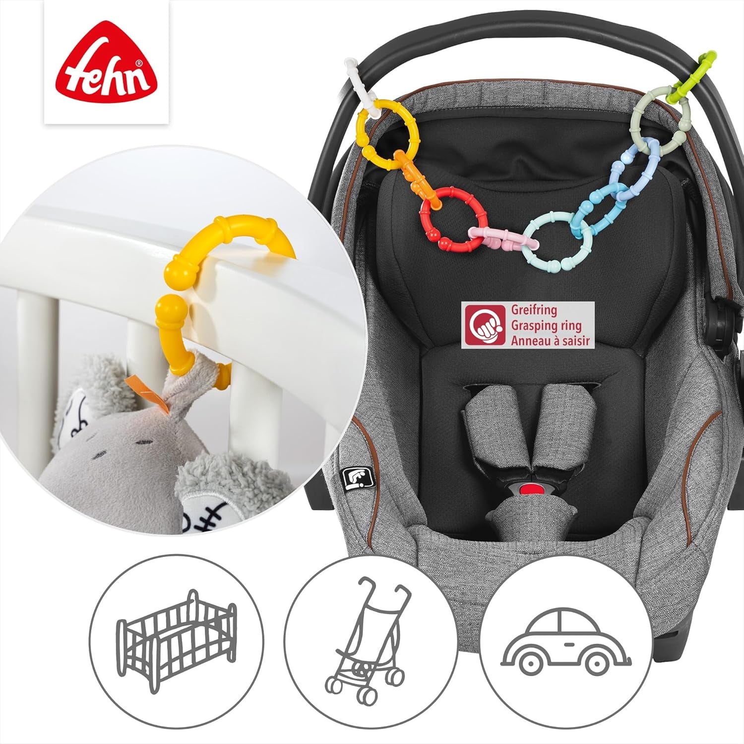 Fehn 10er Set Befestigungsringe – Befestigungshaken für Babyschale, Laufstall und Gitterbett – Kinderwagenketten-Befestigungsringe für zu Hause und unterwegs – C-Ringe für Babys und Kleinkinder ab 0+ Monaten Toys Bebe Naty Shop
