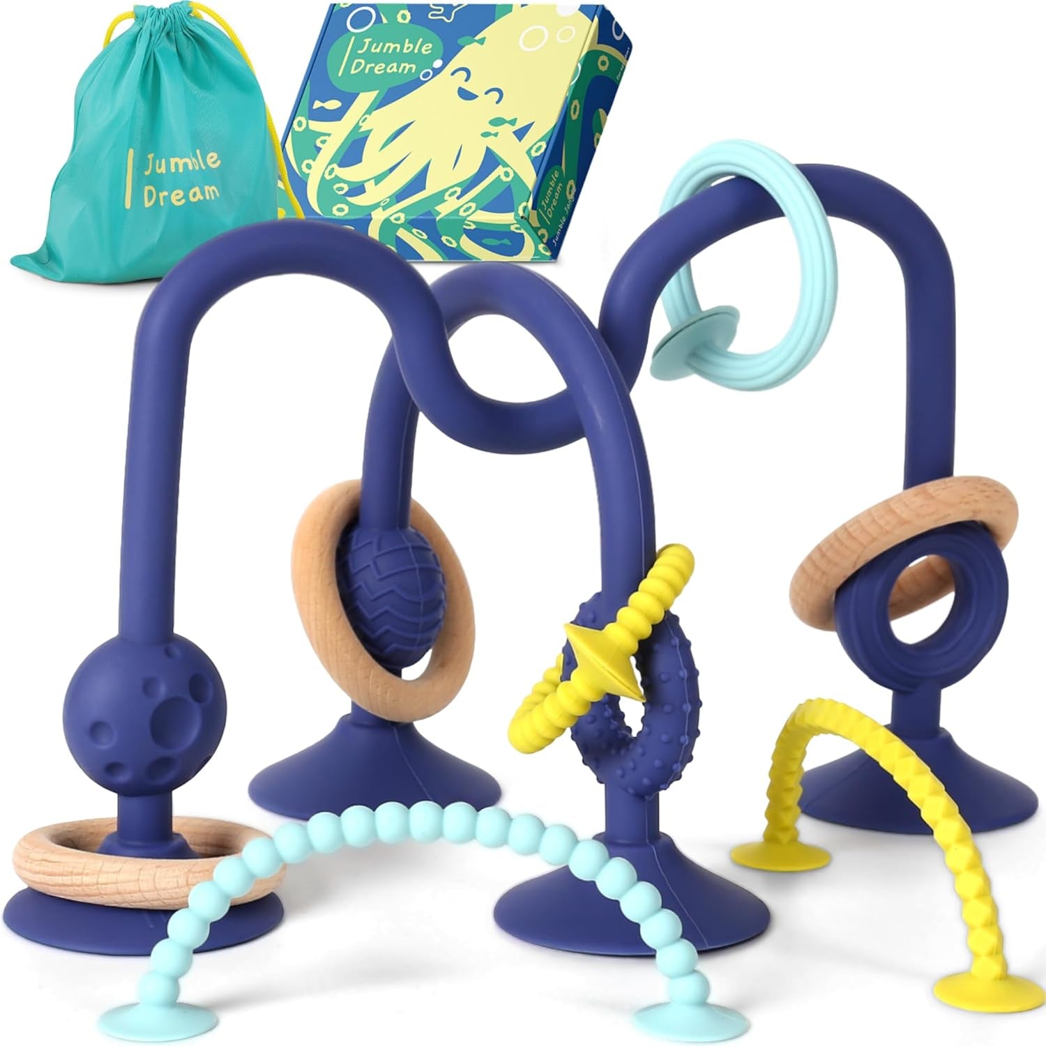 JUMBLE JANGLE Baby-Beißring: Baby-Beißspielzeug 3-24 Monate | Set mit 7 BPA-freien Kauspielzeugen | Kühlender Silikon-Beißring | Kleinkindspielzeug mit Saugnapf für Hochstuhl, Tisch und Badewanne