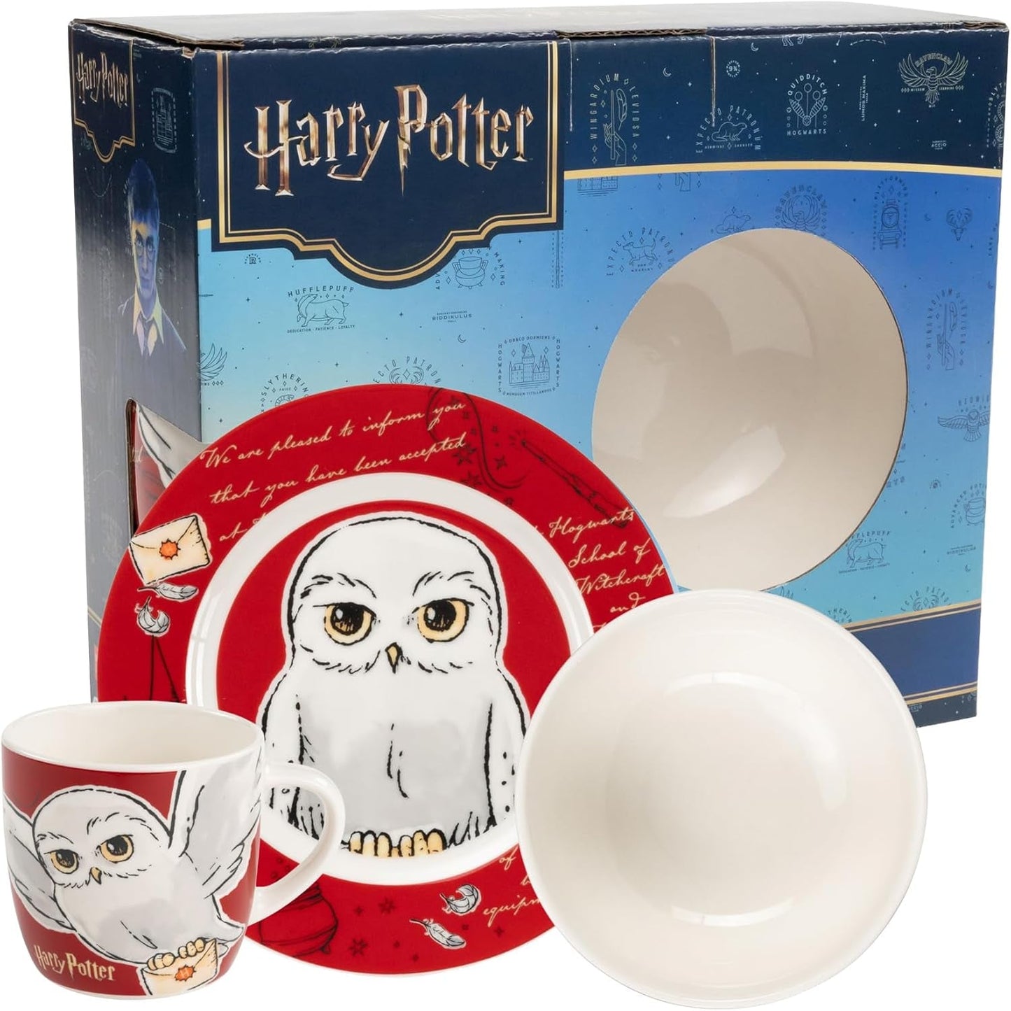Harry Potter 3-teiliges Geschirrset, rot, Frühstücksset aus Porzellan mit Teller Ø 19 cm, Becher 220 ml und Schüssel 330 ml, Geschirrset