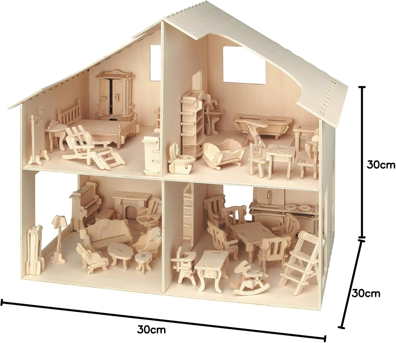 Pebaro Donau Elektronik _M880 3D-Puzzle-Puppenhaus mit Möbeln, 30 x 30 x 30 cm, Natur
