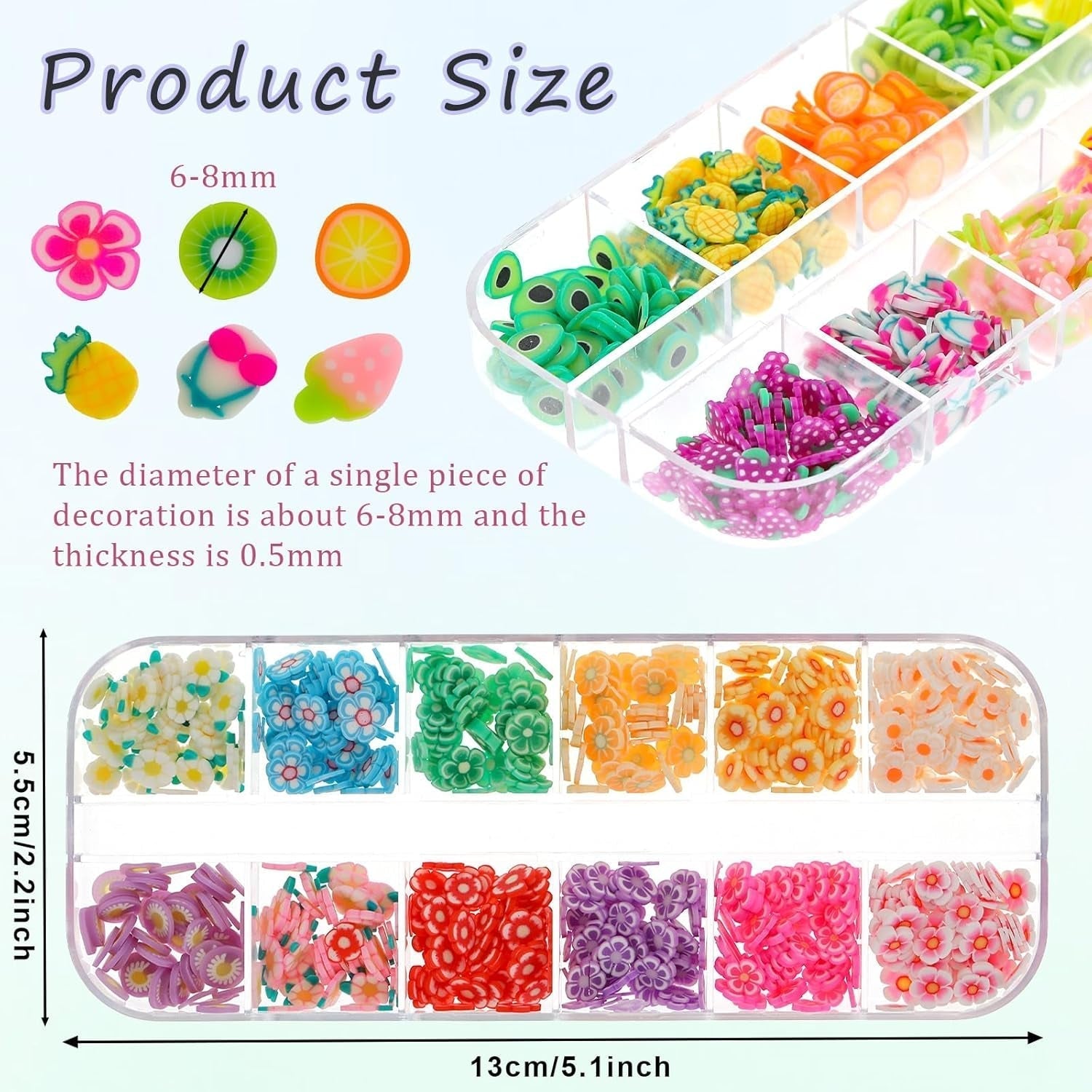 1000 Stk Nagel Obst Scheiben, Nagelkunst Fruchtscheiben Charms Cute Obst-Blumen Charms Mixed Set Mini 3D Obstscheibe Nail Art Zum Nagelkunst Praktische Deko DIY Schleimbasteln Ornament Scrapbooking
