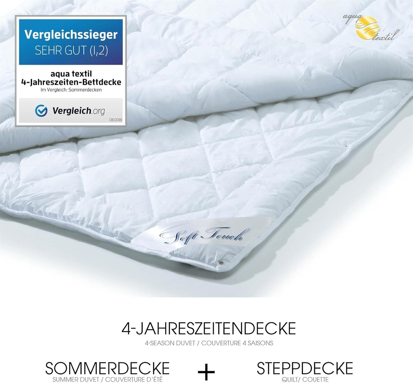 Aqua-Textil 4-Jahreszeiten-Steppdecke 135 x 200 cm, zusammengeknüpfte Decken, Winter 800 g, Sommer 600 g, Klimaregulierung, Öko-Tex, Bettdecken und Steppdecken, Naty Shop