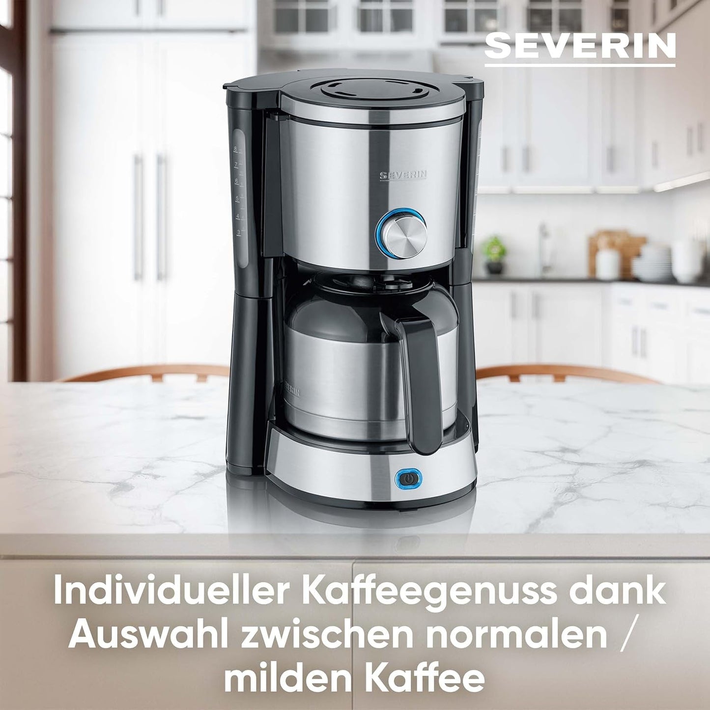 SEVERIN „TypeSwitch“ Espressomaschine mit Thermokaraffe, AromaSwitch zur Wahl zwischen 2 Brühprofilen, Kaffeemaschine für bis zu 10 Tassen, 1000W, Edelstahl gebürstet-schwarz, KA 4845