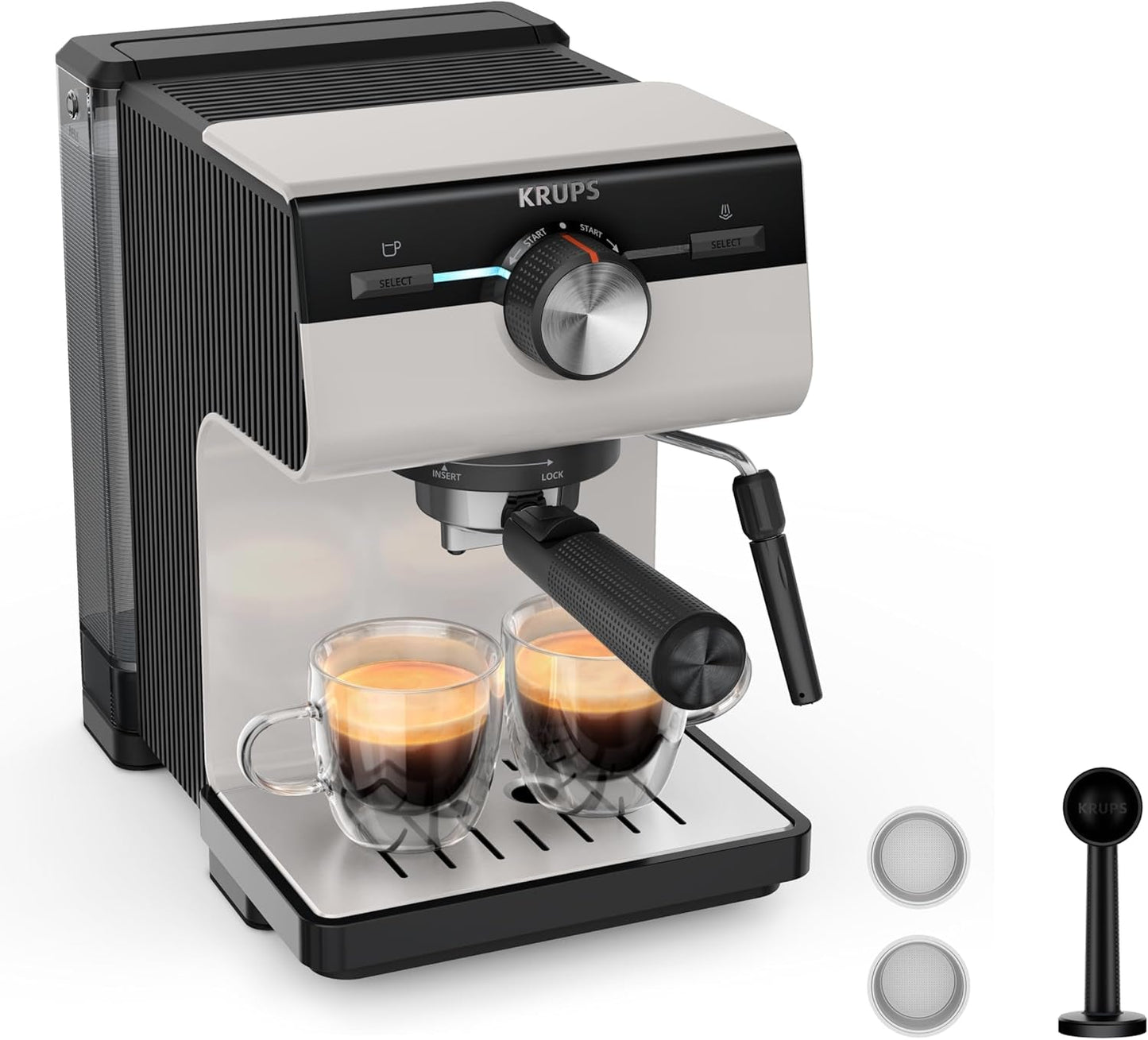 KRUPS Authentic+ Espressomaschine, 15 bar, intuitive Bedienung, anspruchsvolles Design, Dampfdüse, inklusive erweitertem Zubehör, Bullet Dark Silver/Edelstahl, XP384G10