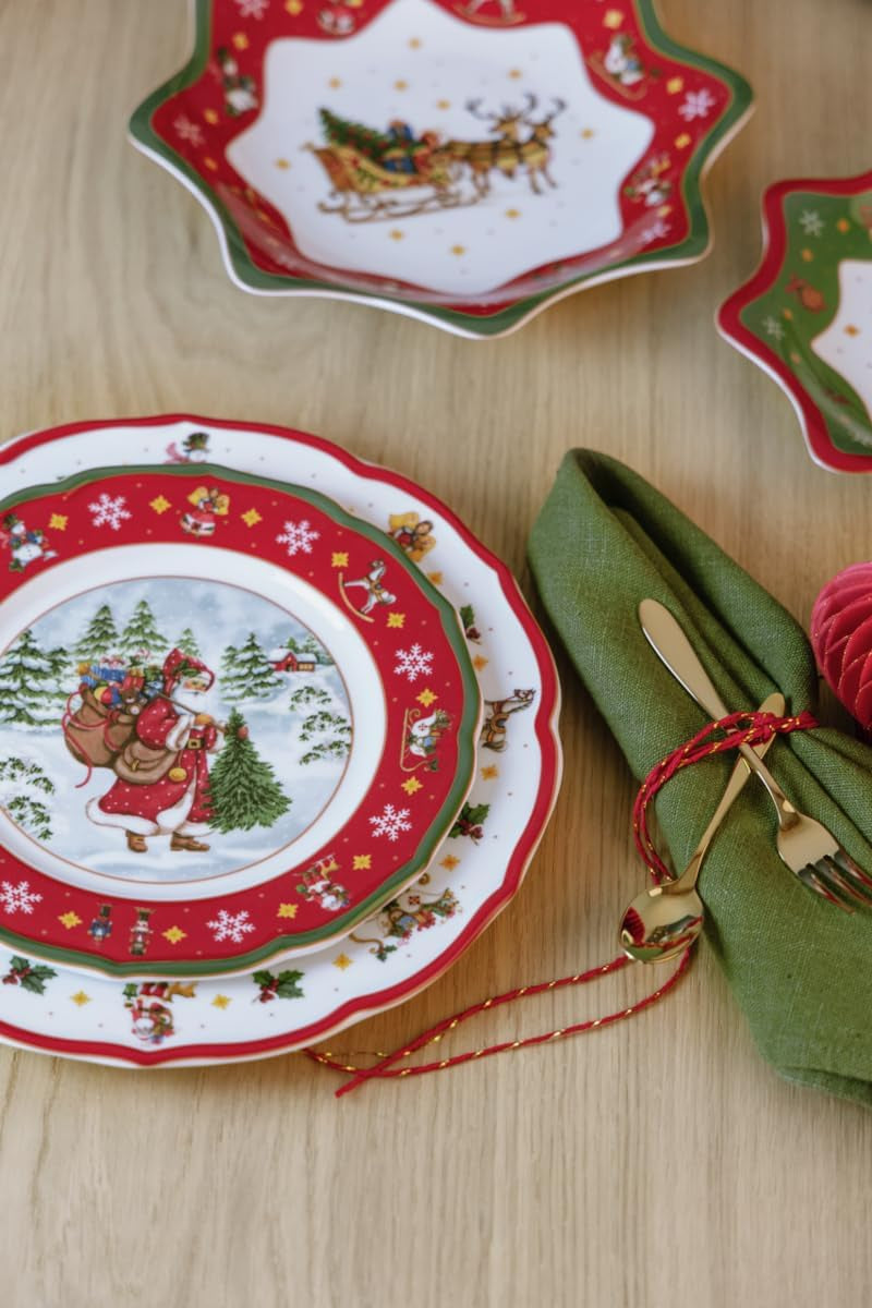 Hutschenreuther Happy Wintertime Red Christmas Geschirrset für 6 Personen, Porzellan, mehrfarbig, 6 Frühstücksteller, 6 Speiseteller und 6 Speiseteller, spülmaschinen- und mikrowellengeeignet