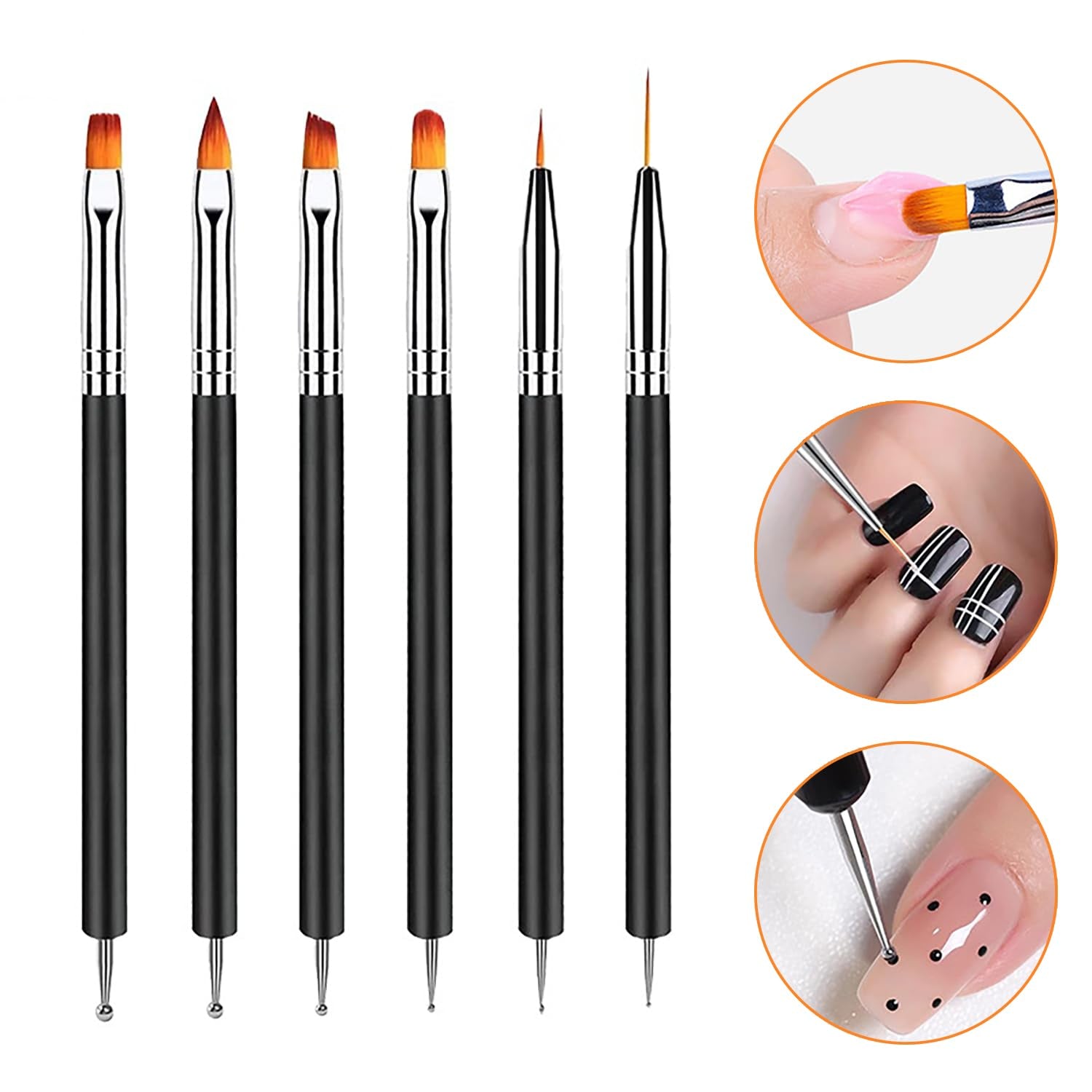 6 Stück Doppel-Ende Nagel Pinsel, Nageldesign Pinsel, Doppel-Ende Nail Art Pinsel Kit Professionelle Maniküre Werkzeuge Kit (Schwarz)