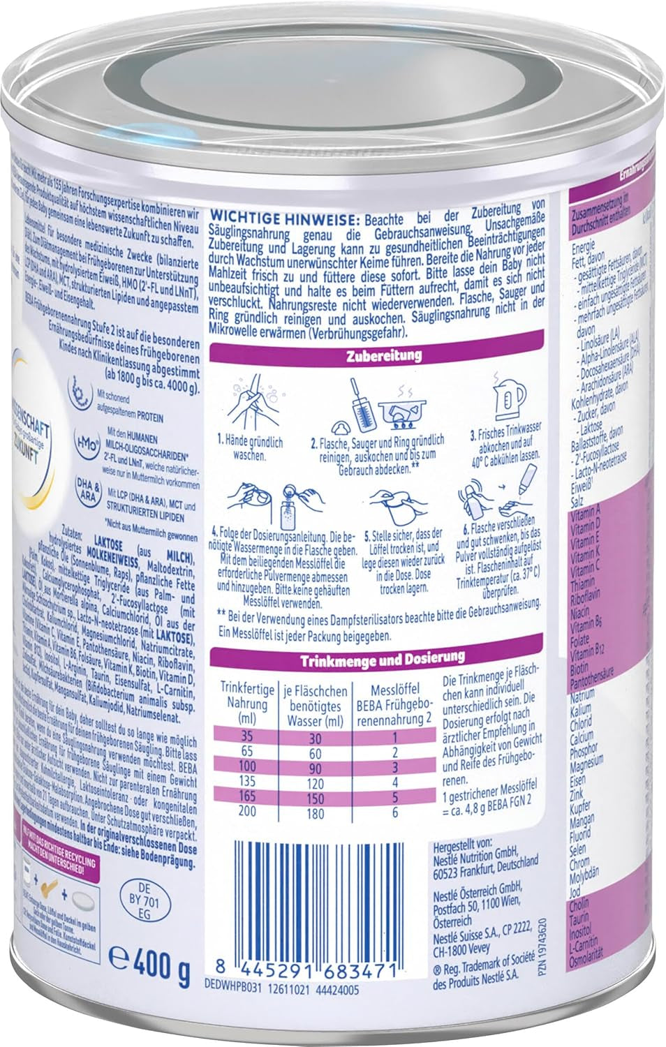 BEBA Frühgeborenennahrung Stufe 2 – Frühgeborene nach Krankenhausentlassung, Babynahrung, Babymilchpulver, 3er Pack (1 x 400 g)