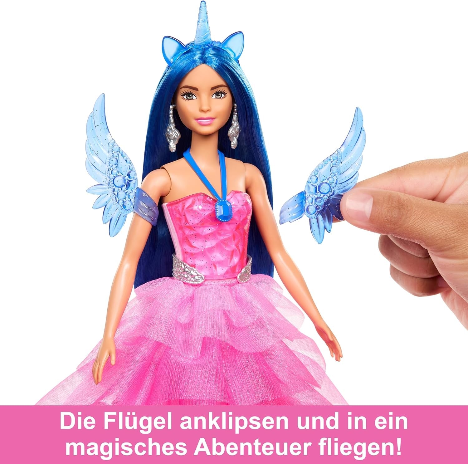 Barbie Hidden Magic – Einhorn-Puppe, rosa Kleid mit saphirblauen Details, Einhorn-Stirnband, abnehmbare Saphir-Flügel und Schwanz, ab 3 Jahren, HRR16