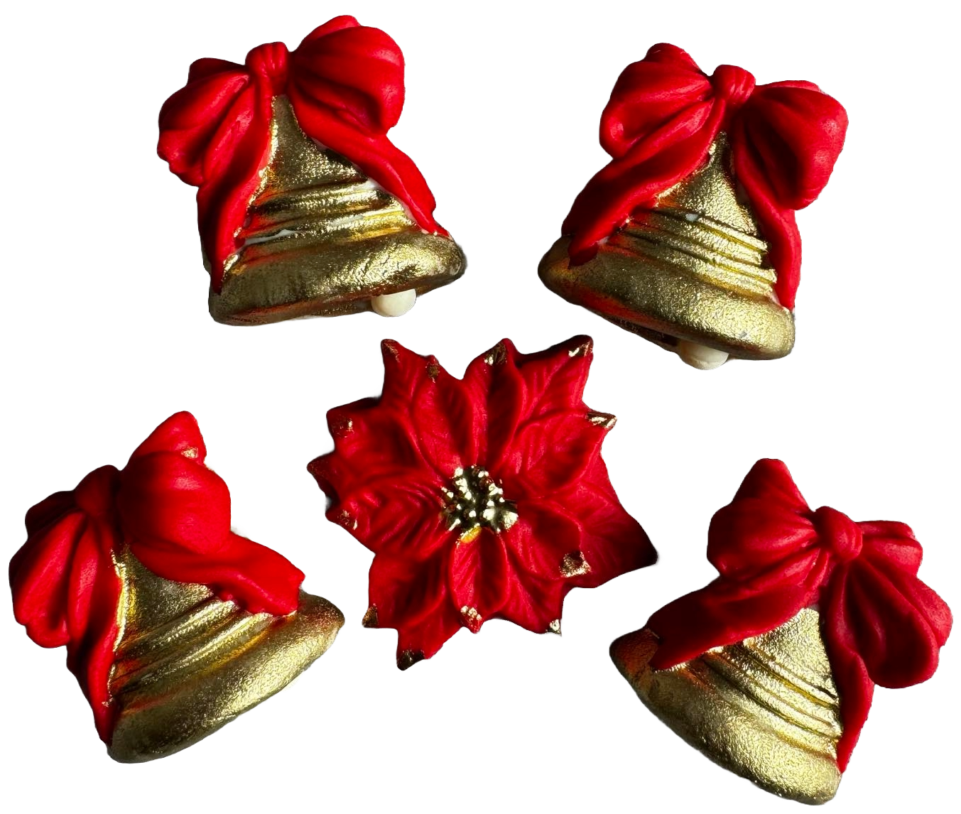 Set mit 5 essbaren Dekorationen aus Zuckerpaste, Weihnachten, Glocken mit roten Schleifen. Dekorationen aus Zuckerpaste, Naty Shop