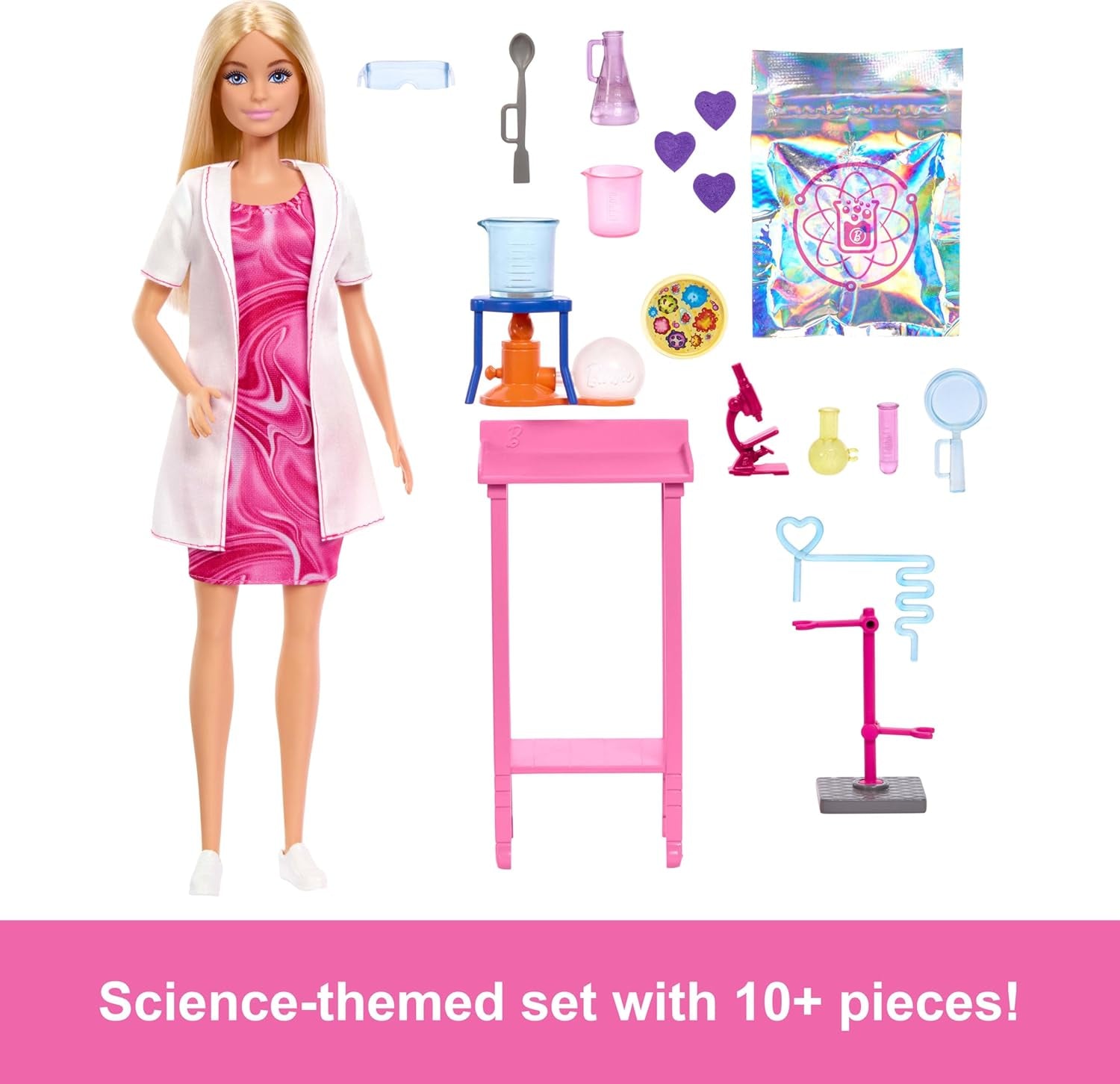 Barbie-Wissenschaftlerpuppe und Zubehör mit modischer blonder Puppe, Labortisch, Mikroskop, Farbwechselbecher und Petrischale, JCR70