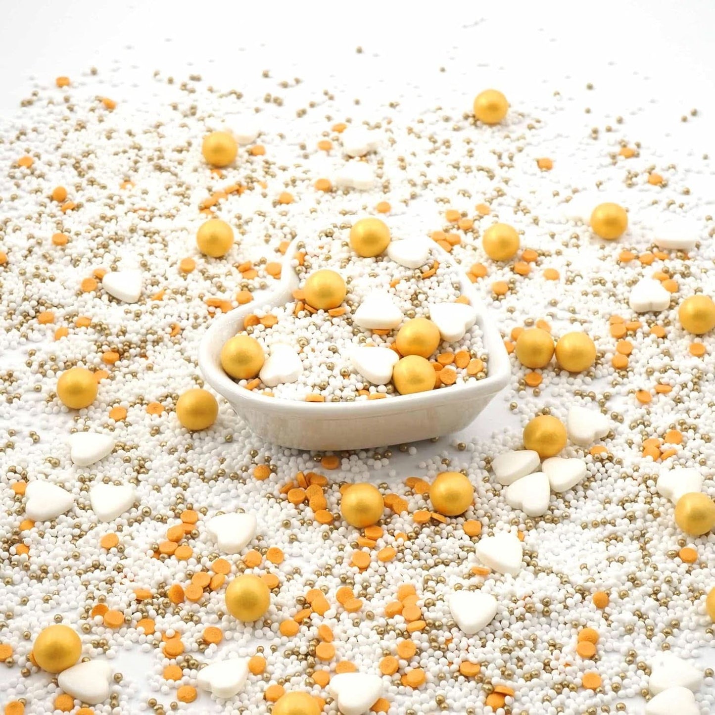 Streusel Glück, Streusel mit weißen Herzen und goldenen Kugeln, 40 Gramm Streusel Naty Shop