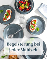 Steingut Geschirrset 12 Personen Rustikal 36 tlg. TESTSIEGER, Hochwertiges Landhausstil Steingut Geschirr Set, Schüssel- und Teller Set, Tafelservice 12 Personen, Geschirrsets Pure Living in Rauchblau