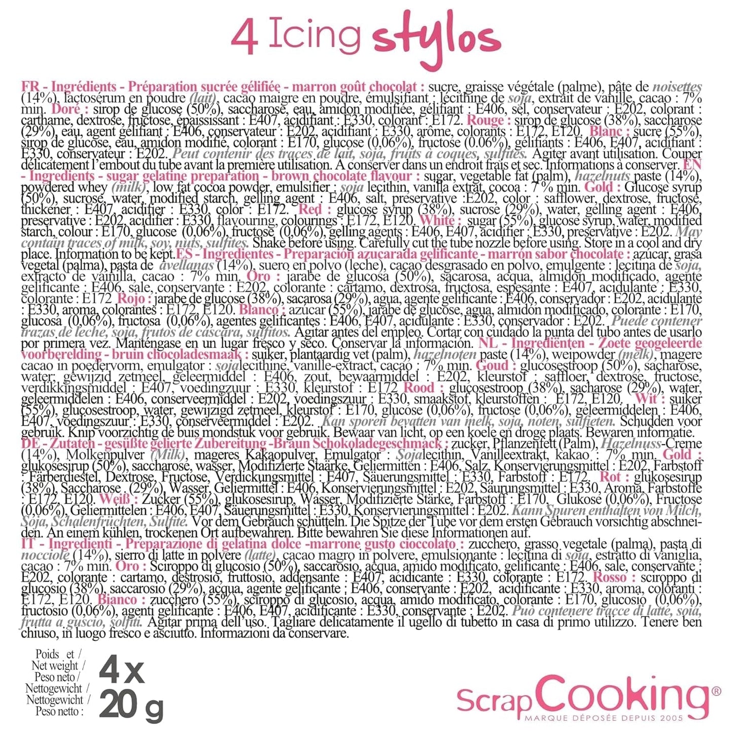 Scrapcooking – 4-teilige Marker: Gold, Schokolade, Weiß und Rot – dekorative essbare Stifte zum Schreiben und Zeichnen auf Desserts, Kuchen und Keksen