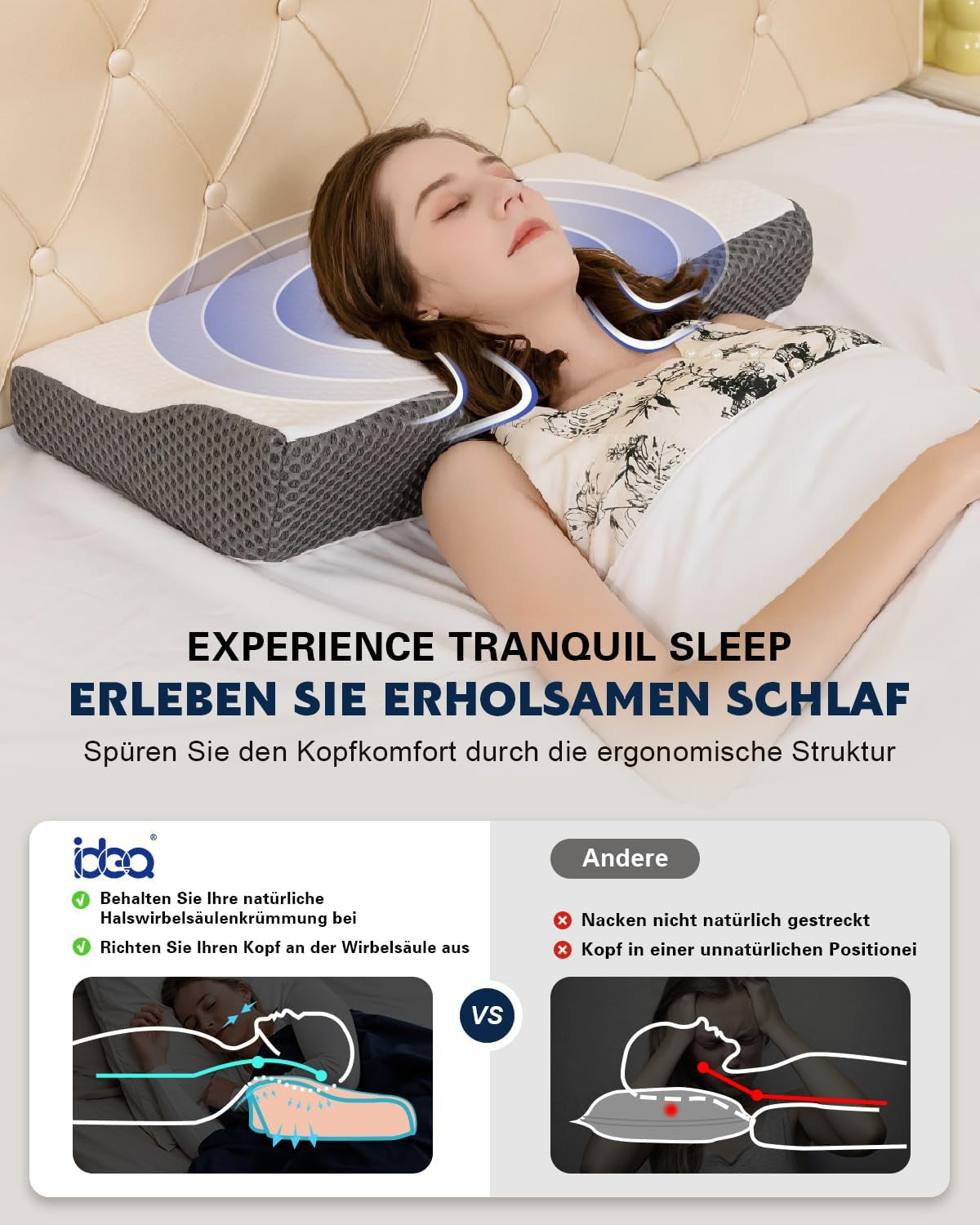 IDEA Kissen, ergonomisches orthopädisches Kissen gegen Nackenschmerzen, Memory-Schaum-Kissen für Seiten-, Rücken- und Bauchschläfer, Anti-Schnarch-Kissen für Männer und Frauen (62 x 34,5 x 12/8 cm). Orthopädische Nackenkissen von Naty Shop