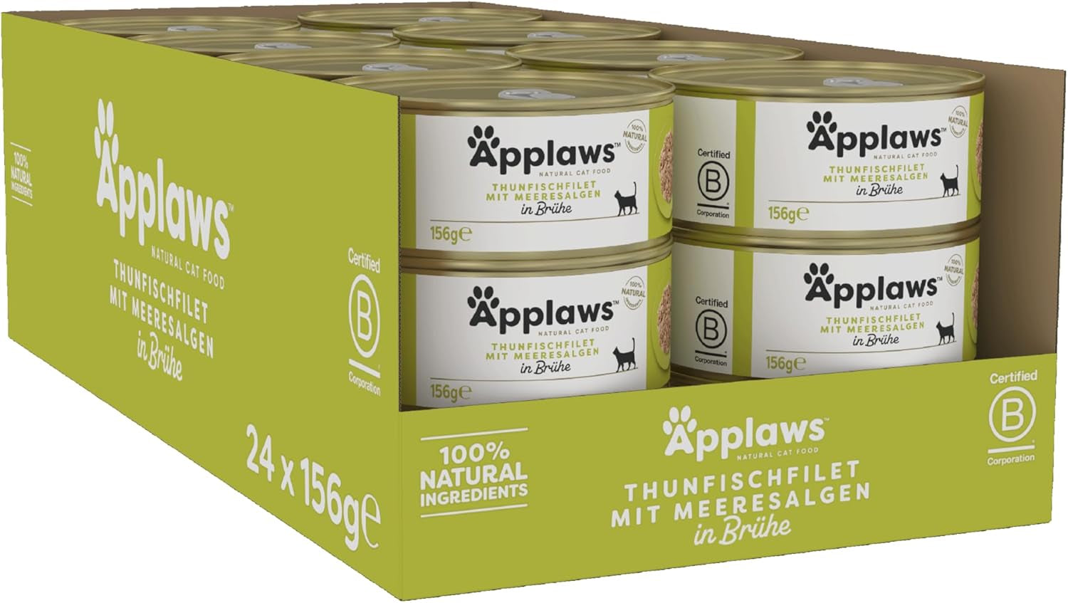 Applaws 100 % natürliches Premium-Nassfutter für Katzen, Thunfischfilet mit Algen in Brühe – Packung mit 24 x 156 g Dosen