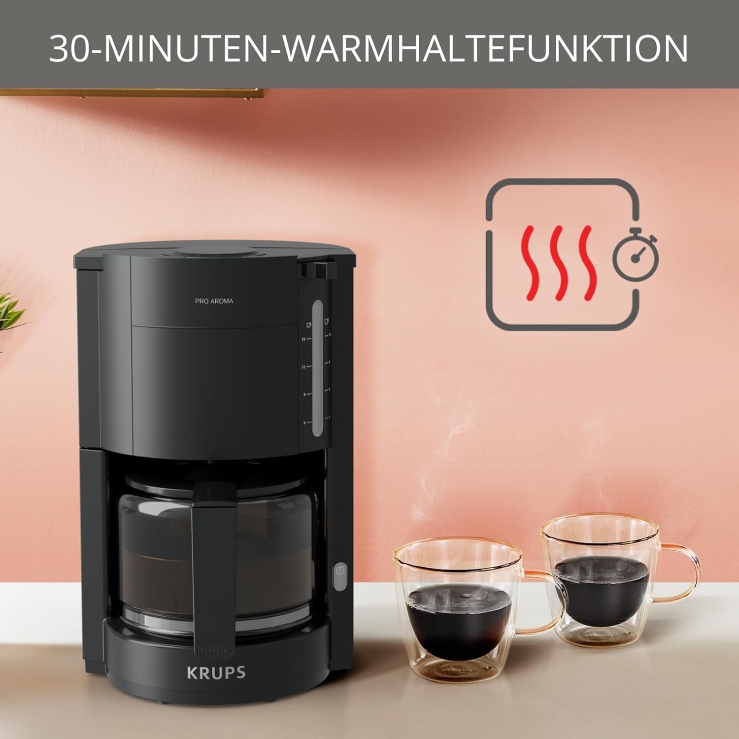 Krups F30908 ProAroma Espressomaschine mit Filter und Glaskaraffe, Fassungsvermögen 1,25 l, 10-15 Tassen, 1050 W, schwarz