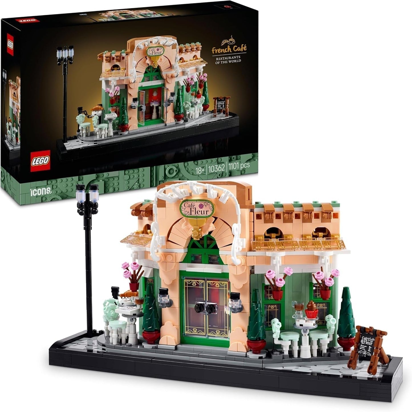 LEGO Icons Französisches Café – Dekorationen für Wohnzimmer oder Büro – Bauset für Erwachsene, inklusive malerischer Fassade, hängendem Blumentopf und Stühlen – Geschenk für Männer und Frauen 10362 Bausets Besuche den LEGO-Store Standardtitel