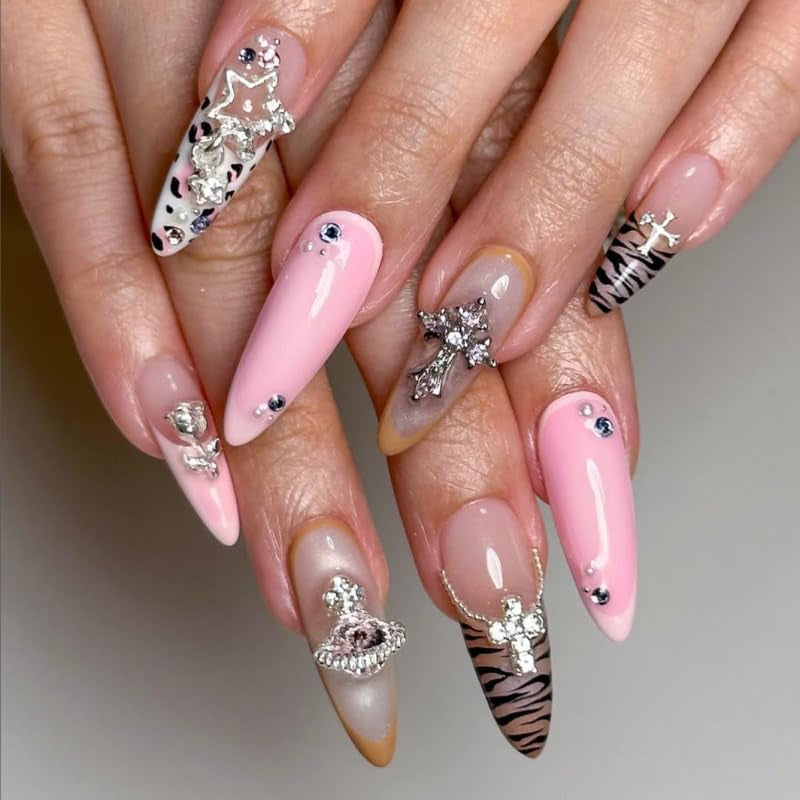 Moonglow Lange Nägel Stiletto Milchweiß Rosa Farbverlauf Glitzer Coole künstliche Nägel mit Kleber Rosa Ombre Glitzer Künstliche Nägel