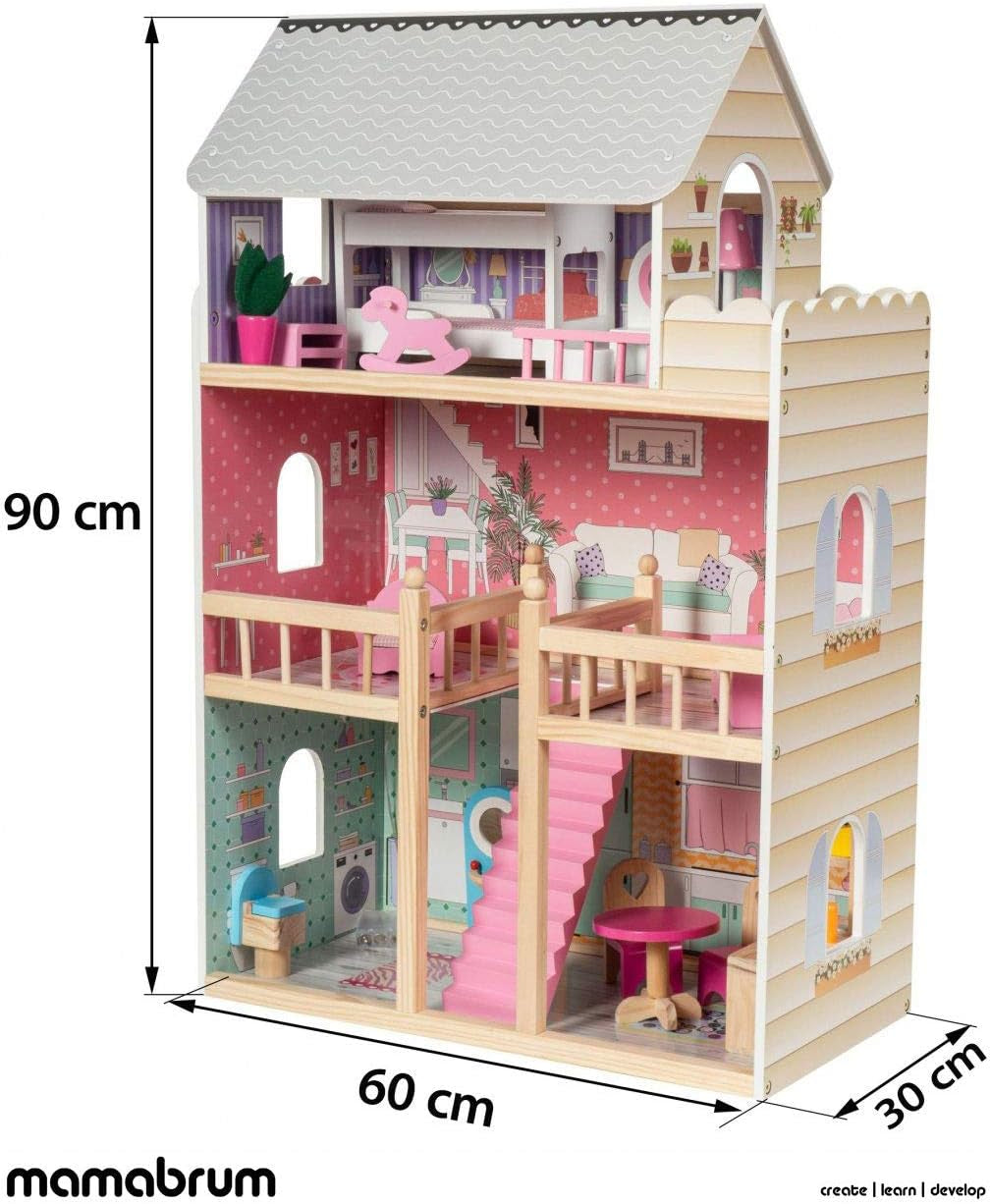 A405 LED-beleuchtetes Puppenhaus – 3 Etagen und Möbelset – Spielhaus aus Holz inklusive Zubehör: Küche, Badezimmer, Schlafzimmer – Geschenk für Mädchen ab 3 Jahren. Puppenhäuser Naty Shop