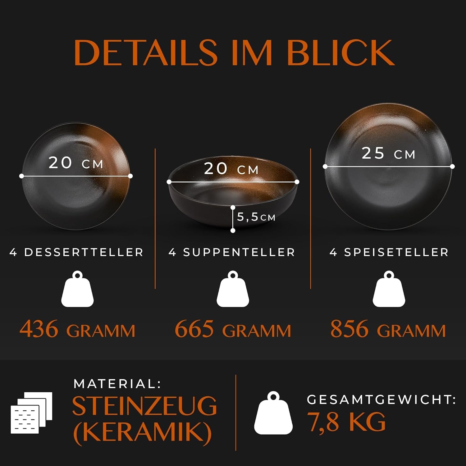 12-teiliges Geschirrset aus Steingut – Linie Prairie – Elegantes Design in Braun-/Schwarztönen, Set bestehend aus 4 Speisetellern, 4 Desserttellern und 4 Speisetellern/Premium-Kollektion