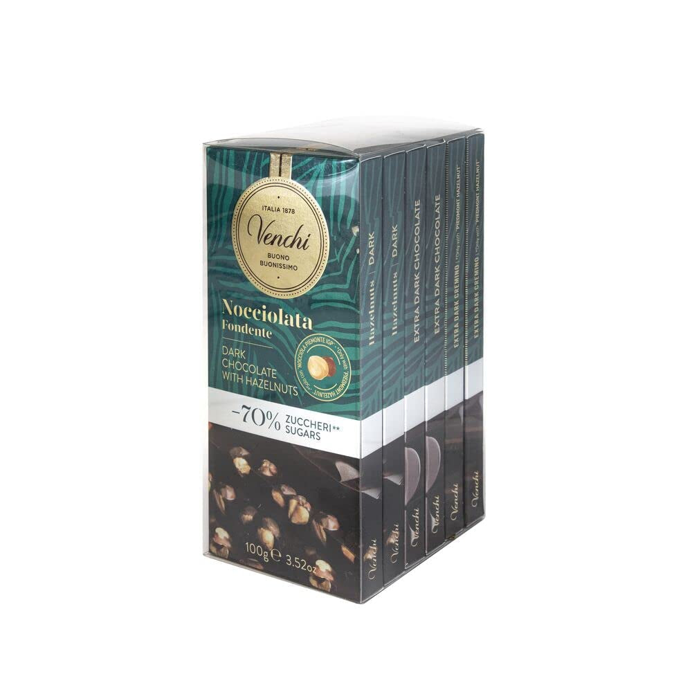 Venchi – Packung mit 6 Tafeln dunkler Schokolade mit Haselnüssen, 600 g – Ohne Zuckerzusatz – Ohne künstliche Süßstoffe – Glutenfrei – Vegan – Geschenkidee