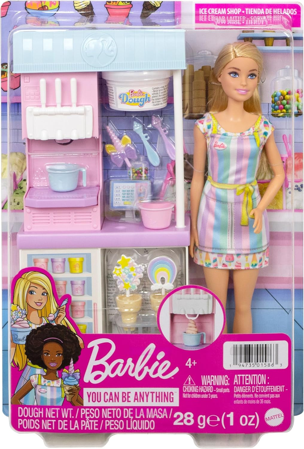 Barbie-Serie „You Can Be Anything“, Eisdiele, 1 Barbie-Puppe mit blonden Haaren, Eismaschine, Barbie Play-Doh, Backzubehör, Kindergeschenk, Spielzeug ab 3 Jahren, HCN46