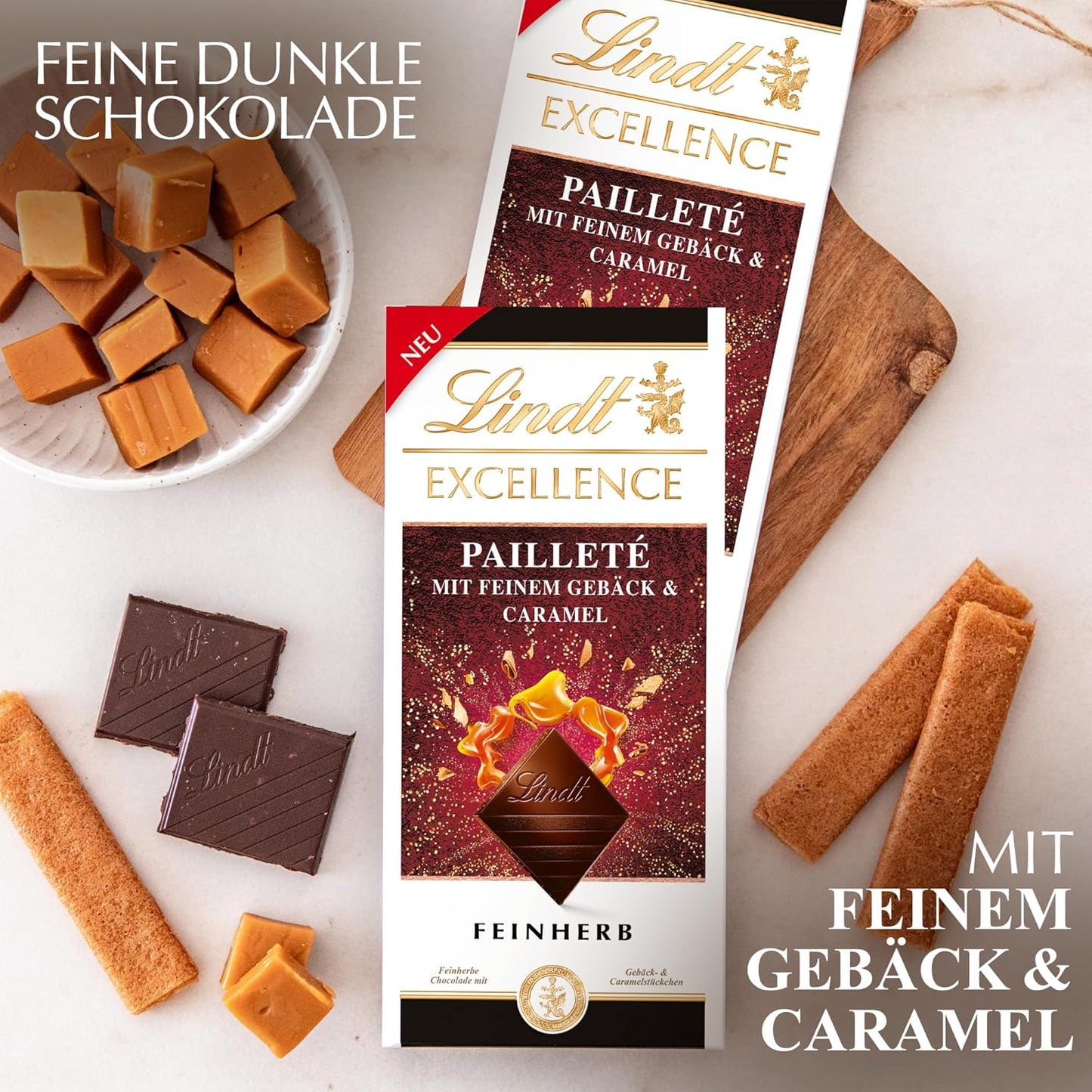 Lindt EXCELLENCE Teigstücke mit Pailletten und Karamell – Feine dunkle Schokolade mit intensivem Kakaogeschmack