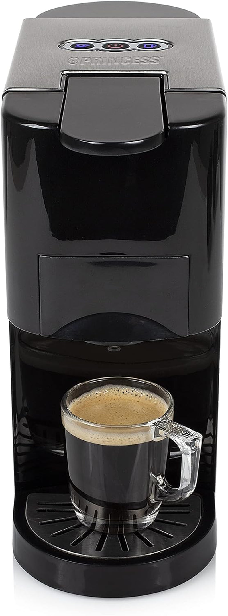 Princess 5-in-1-Multikapsel-Espressomaschine – kompatibel mit Nespresso, Dolce Gusto, Lavazza a Modo Mio und ESE Pads, 0,8 l Fassungsvermögen, 1450 W, Silber, Schwarz