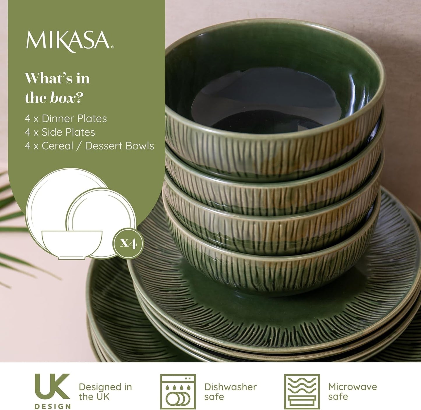 Mikasa Jardin 12-teiliges Geschirrset, Steinzeug-Geschirrset für 4 Personen mit Tellern, Beilagentellern und Schüsseln, grün – Geschenkbox und spülmaschinenfest