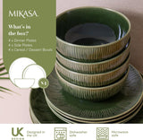 Mikasa Jardin 12-teiliges Geschirrset, Steinzeug-Geschirrset für 4 Personen mit Tellern, Beilagentellern und Schüsseln, grün – Geschenkbox und spülmaschinenfest