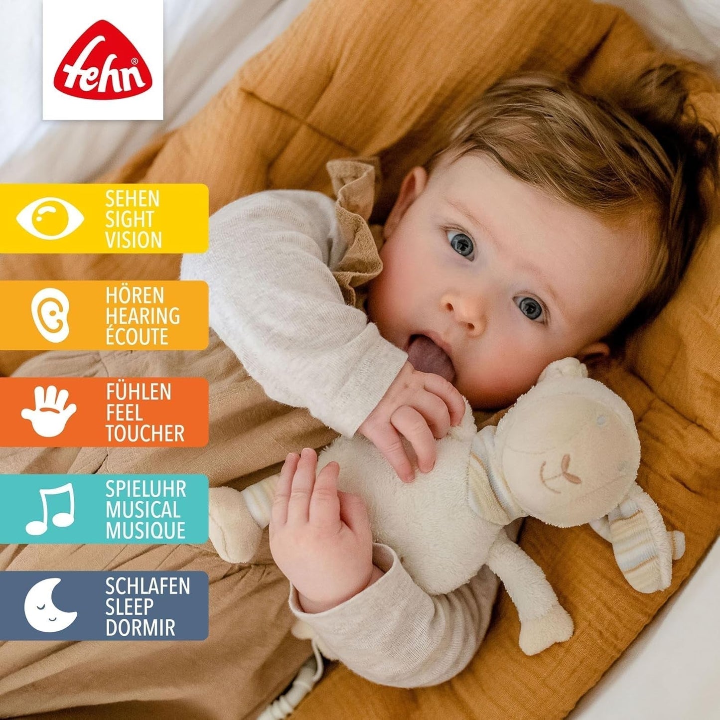 Fehn Spieluhr Baby Einschlafhilfe Schaf – Plüschtier mit Aufsatz – Einschlafhilfe Lied „Brahms Wiegenlied“ – Kinderspielzeug für Reisen und Zuhause – Musikspielzeug für Babys und Kinder Bebe Naty Shop Toys