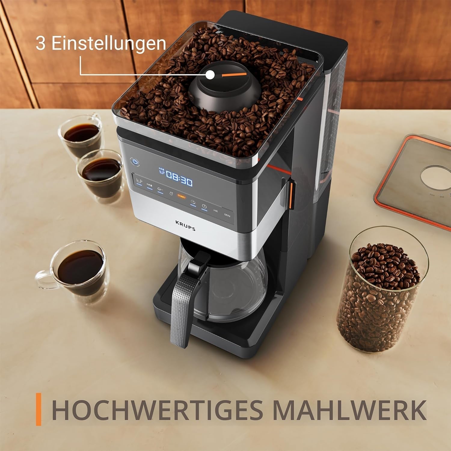 KRUPS Grind Aroma XL Espressokocher, abnehmbares konisches Mahlwerk, digitales Bedienfeld, XL-Kapazität (1,5 l), Warmhaltefunktion, Glaskaraffe, Schwarz/Edelstahl, KM842810