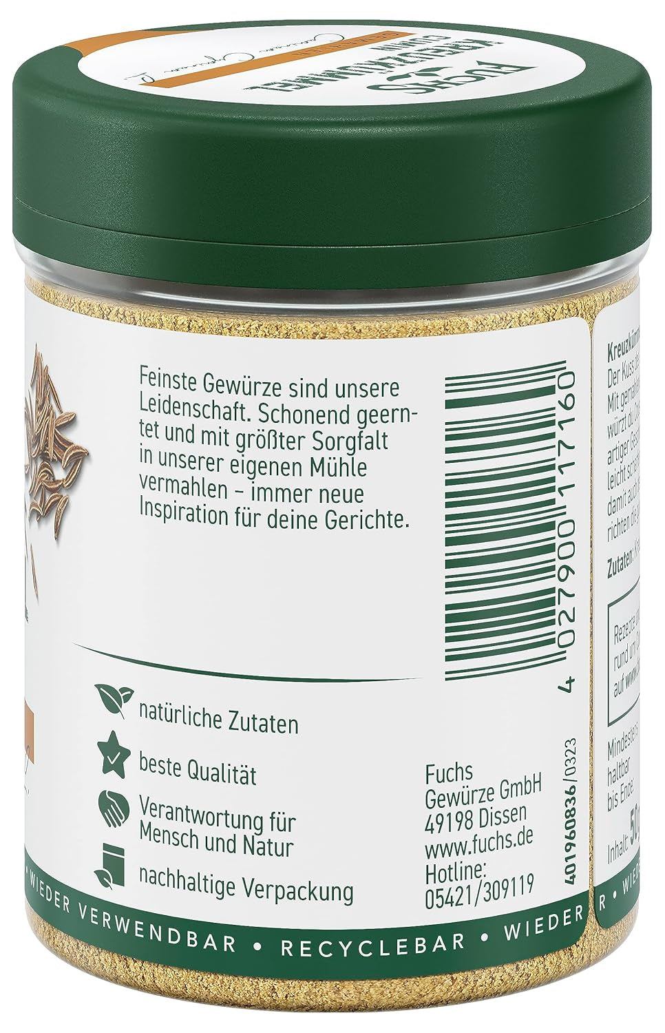 Fuchs Gewürze - Kreuzkümmel gemahlen - zum Würzen von Couscous, Hummus und Falafel - natürliche Zutaten - 50 g in wiederverwendbarer, recyclebarer Dose