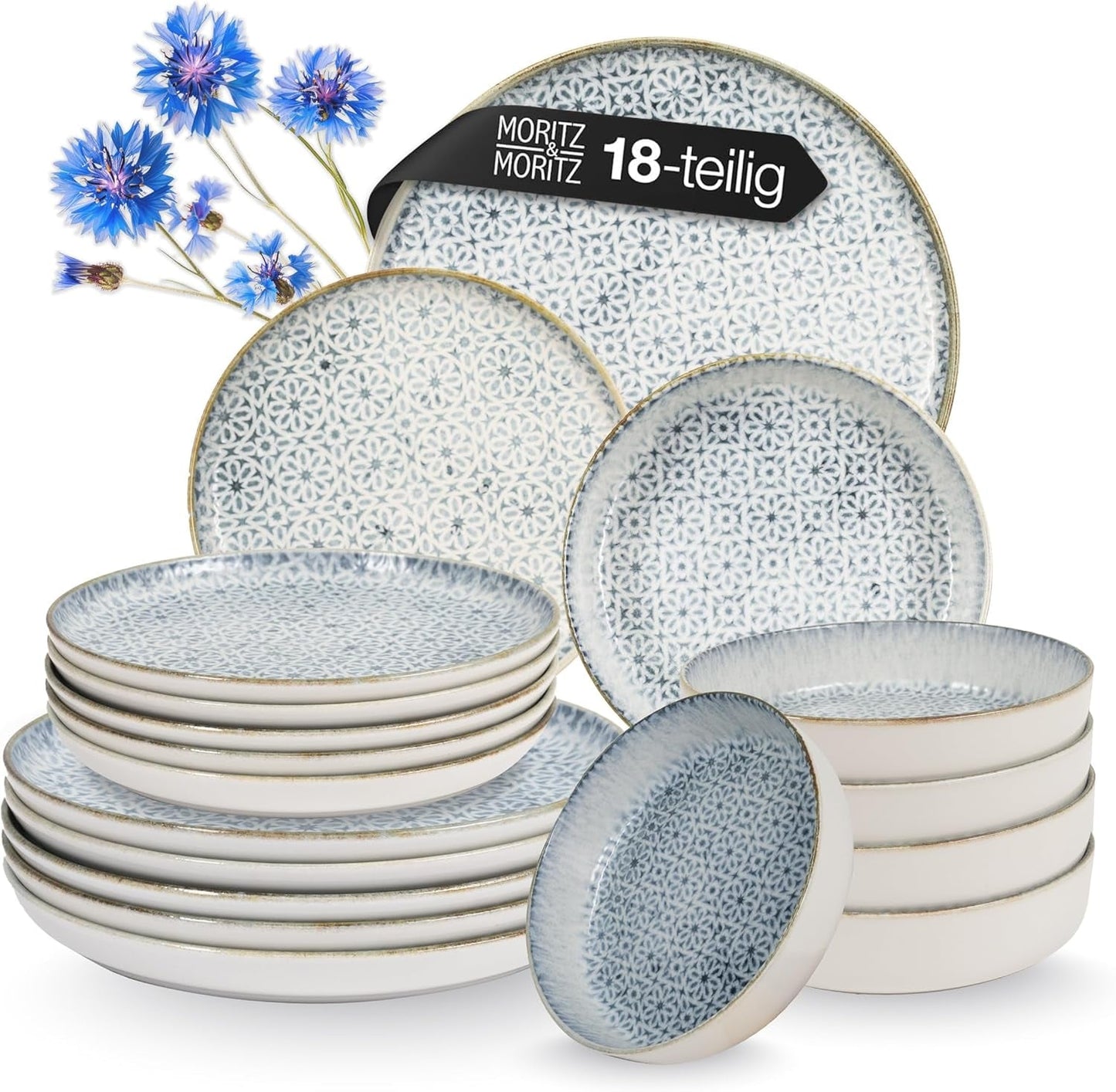 Moritz & Moritz ALHAMBRA Tafelservice für 6 Personen, 18-teilig, hochwertiges Porzellan – modernes blaues Tafelservice – pflegeleichtes Set bestehend aus 6 Speisetellern, 6 Desserttellern und 6 Schüsseln