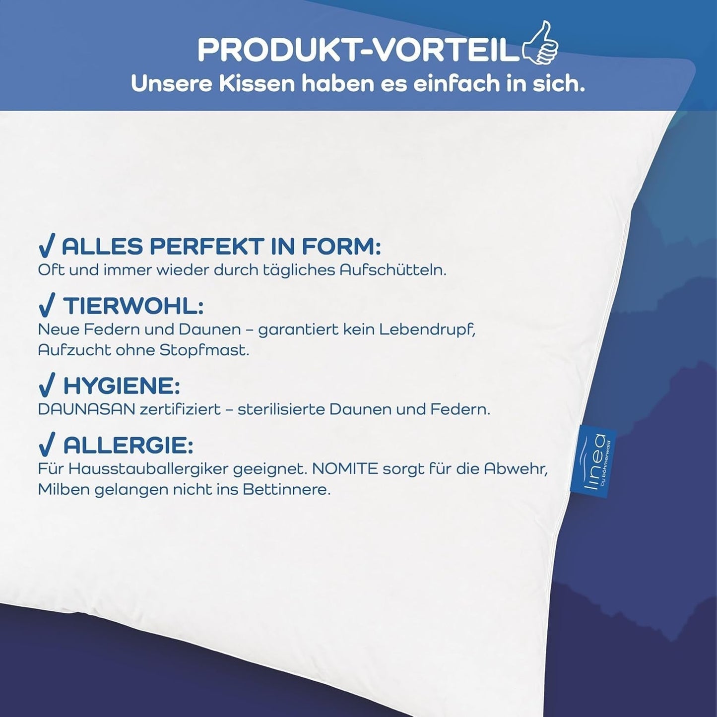 LINEA von Böhmerwald – Cozy – Hochwertiges Balance-Kissen, 40 x 80 cm, 70 % Federn der Klasse 1, 30 % neue Daunen, allergikergeeignet, waschbar bis 60 °C, hergestellt in Deutschland. Naty Shop Standard-Kissen