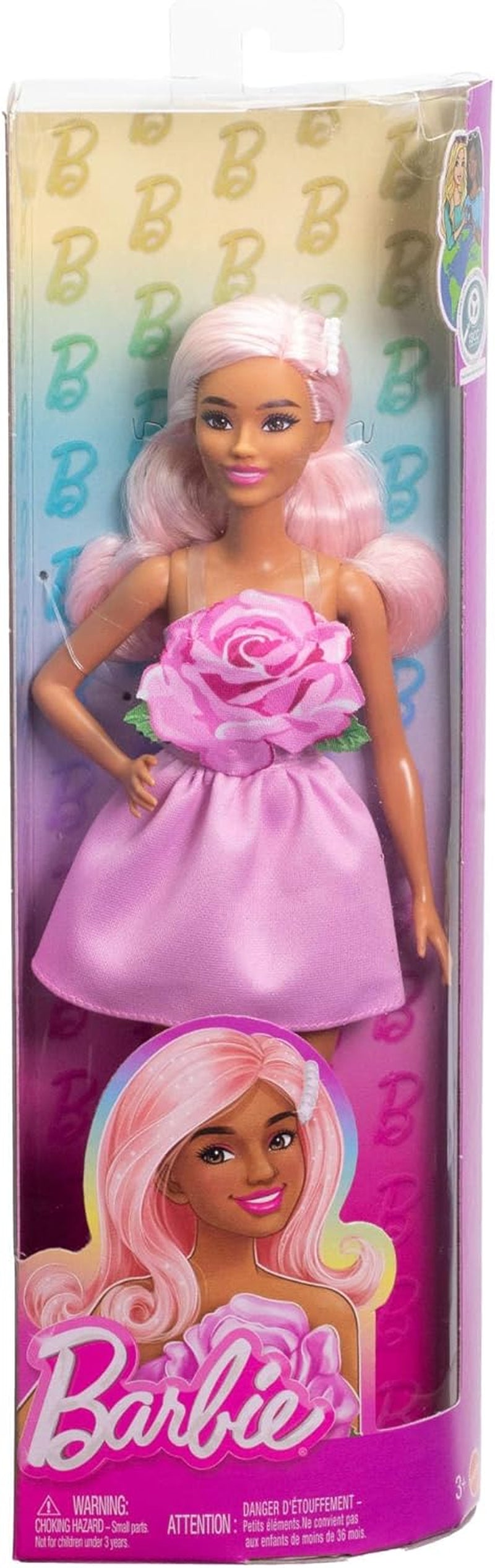 Barbie Fashionistas Puppe Nr. 238 mit pastellrosa Haaren, trägerlosem Kleid mit rosa Mieder, Perlenhaarspange und High Heels und Haarspangen, HYT94