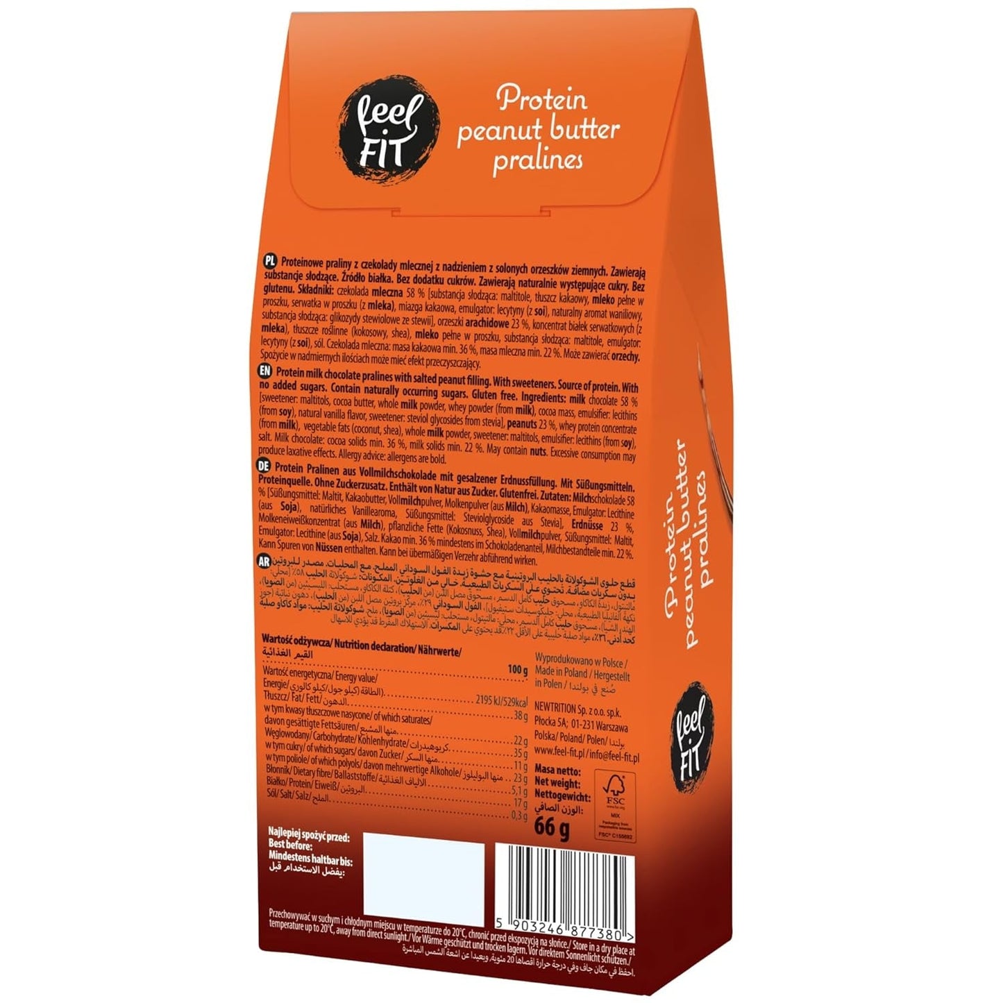 Feel FIT Erdnussbutter-Protein-Pralinen in hochwertiger Milchschokolade, ohne Zuckerzusatz, 17 % Protein, glutenfrei, 66 g (1 Packung)
