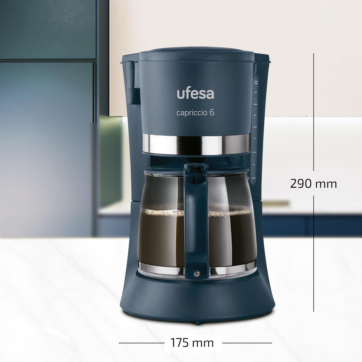 Ufesa CG7114 Capriccio Filterkaffeemaschine, 6 Tassen, 600 W, Karaffe 0,6 l, Anti-Tropf-System, automatische Abschaltung, blau
