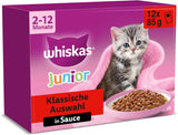 Whiskas Junior Classic Selection Nassfutter für Katzen in Soße, 48 Beutel, 12 x 85 g (4er-Packung) – Hochwertiges Nassfutter für heranwachsende Katzen, 2 bis 12 Monate
