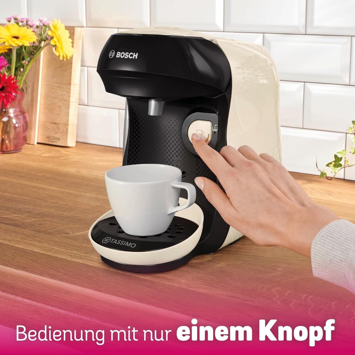 Bosch Tassimo Happy Friendly TAS107E Kapsel-Espressomaschine, 70+ Getränke, für alle Tassen geeignet, Auto-Stop, nachhaltig, perfekte Dosierung, platzsparend, 1400 W, Creme/Schwarz